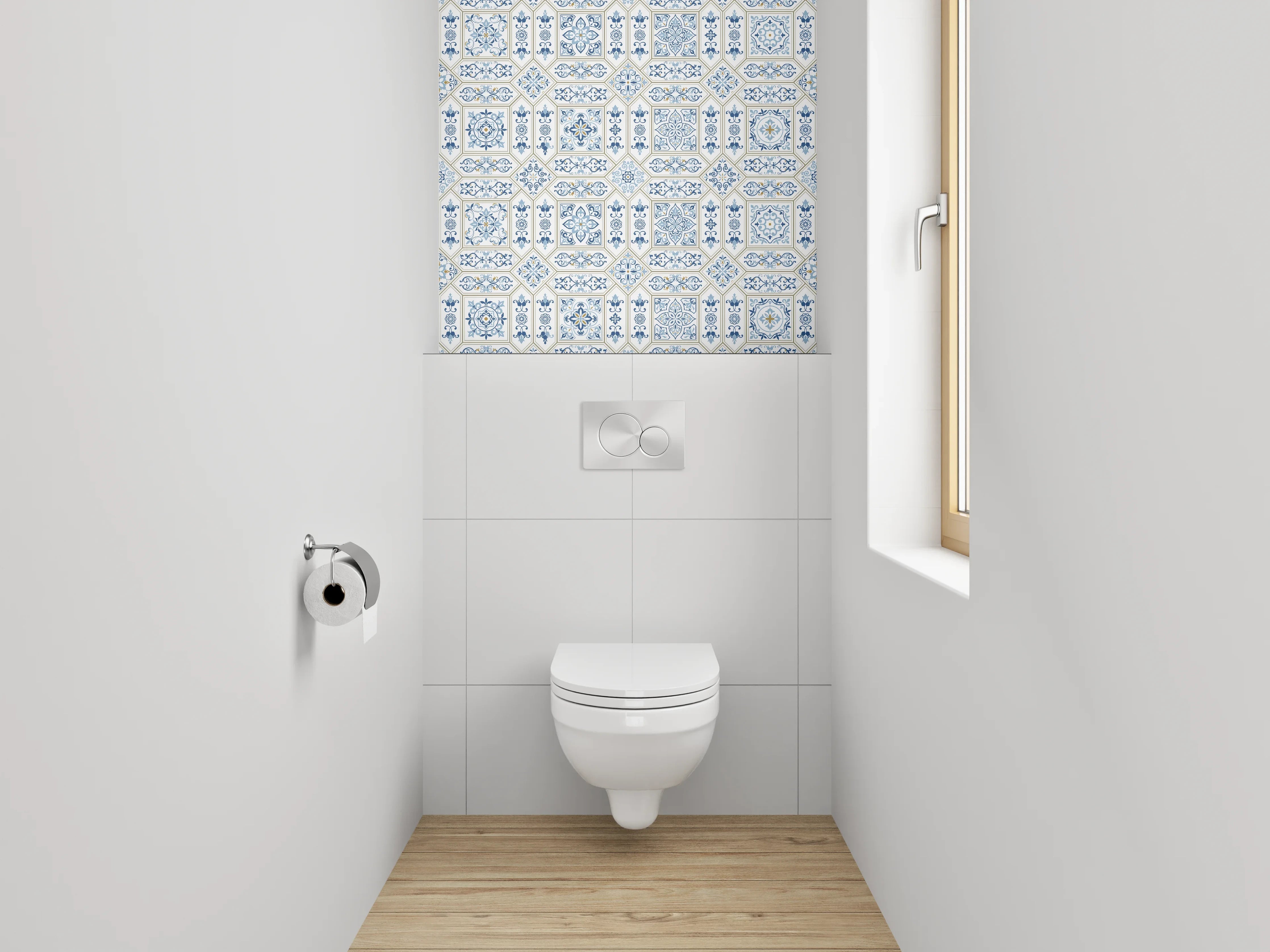 WC-Rückwand - Mediterrane Fliesenoptik Blau Weiß Muster