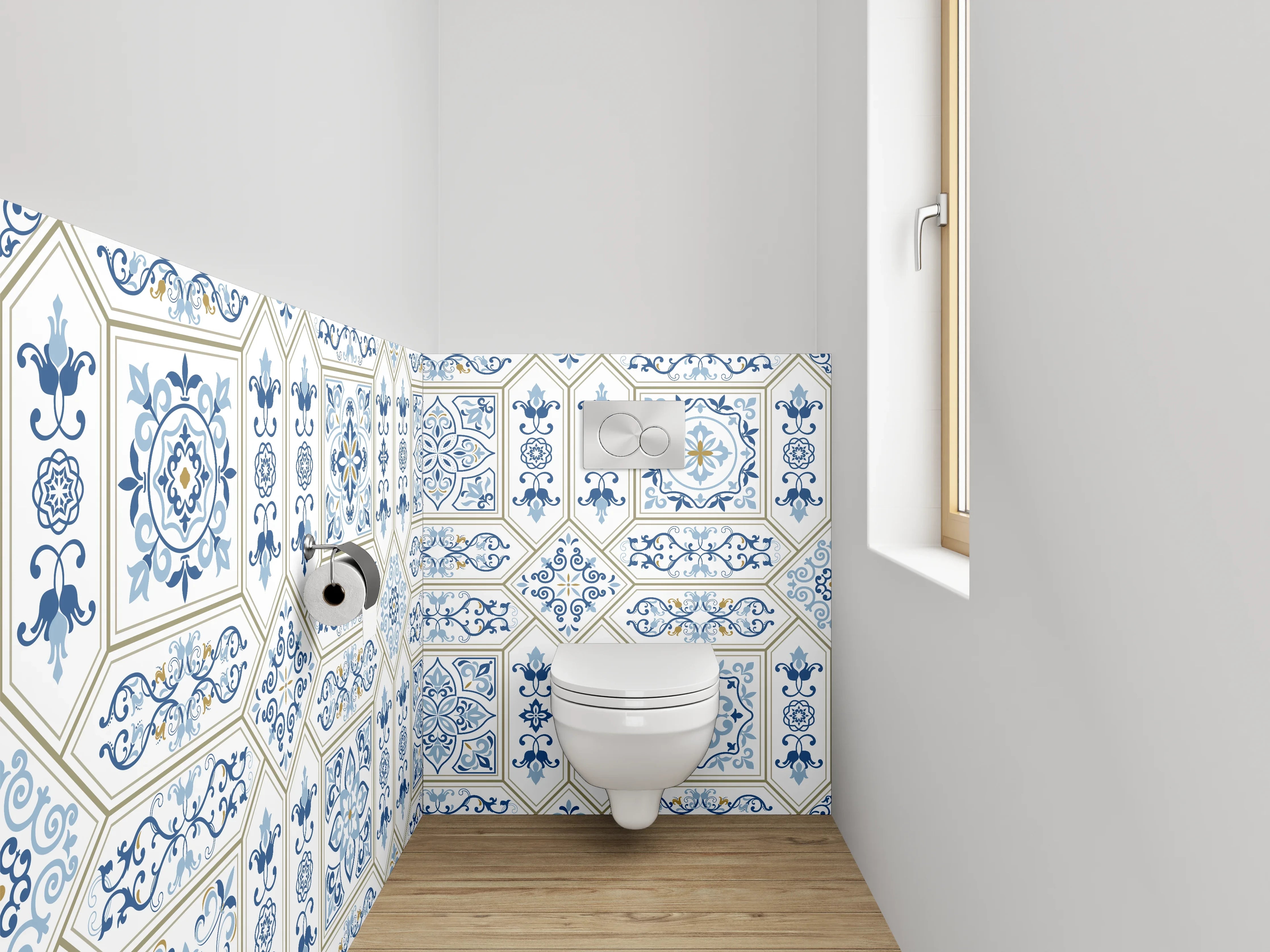 WC-Rückwand - Mediterrane Fliesenoptik Blau Weiß Muster