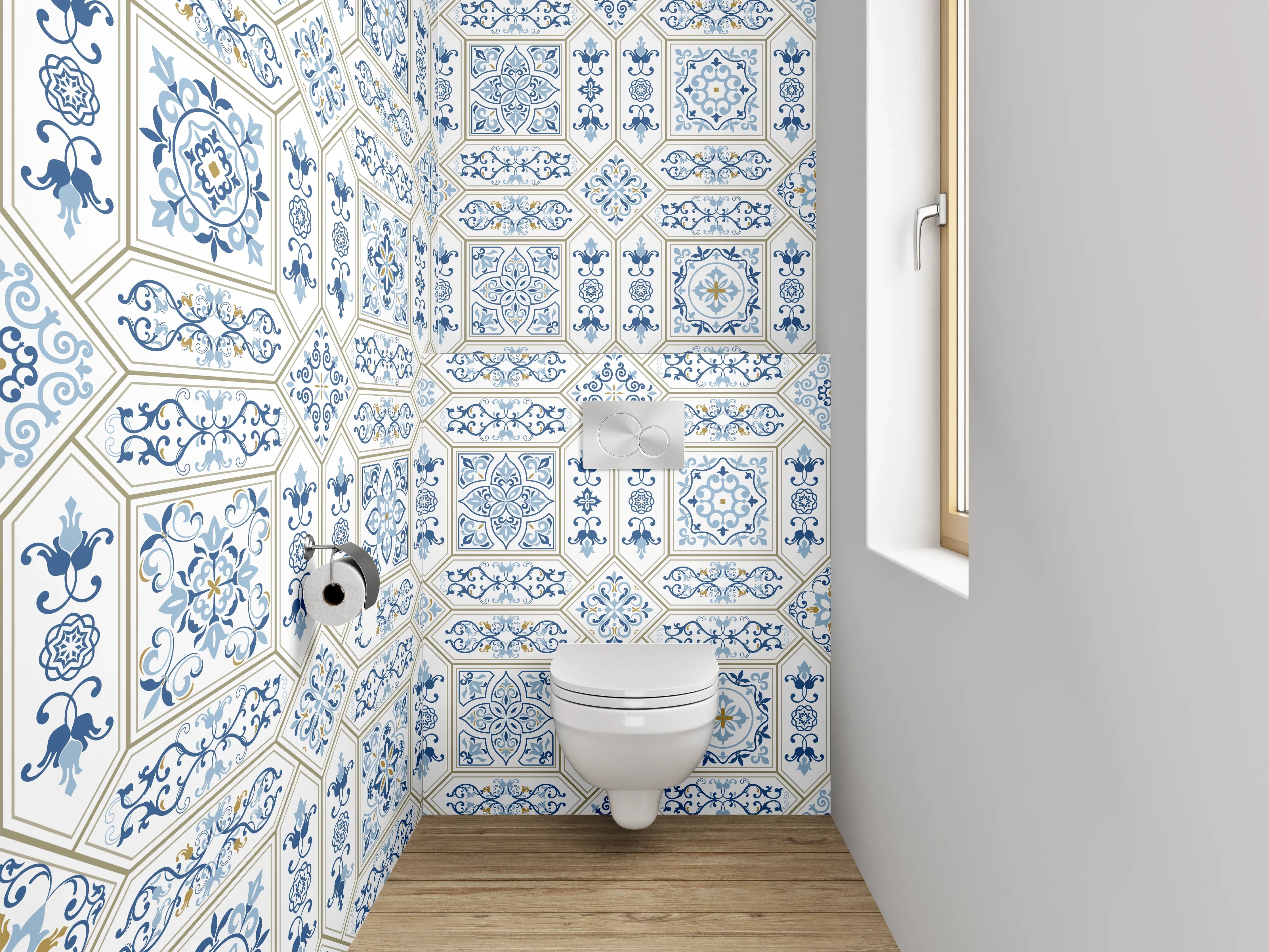 WC-Rückwand - Mediterrane Fliesenoptik Blau Weiß Muster