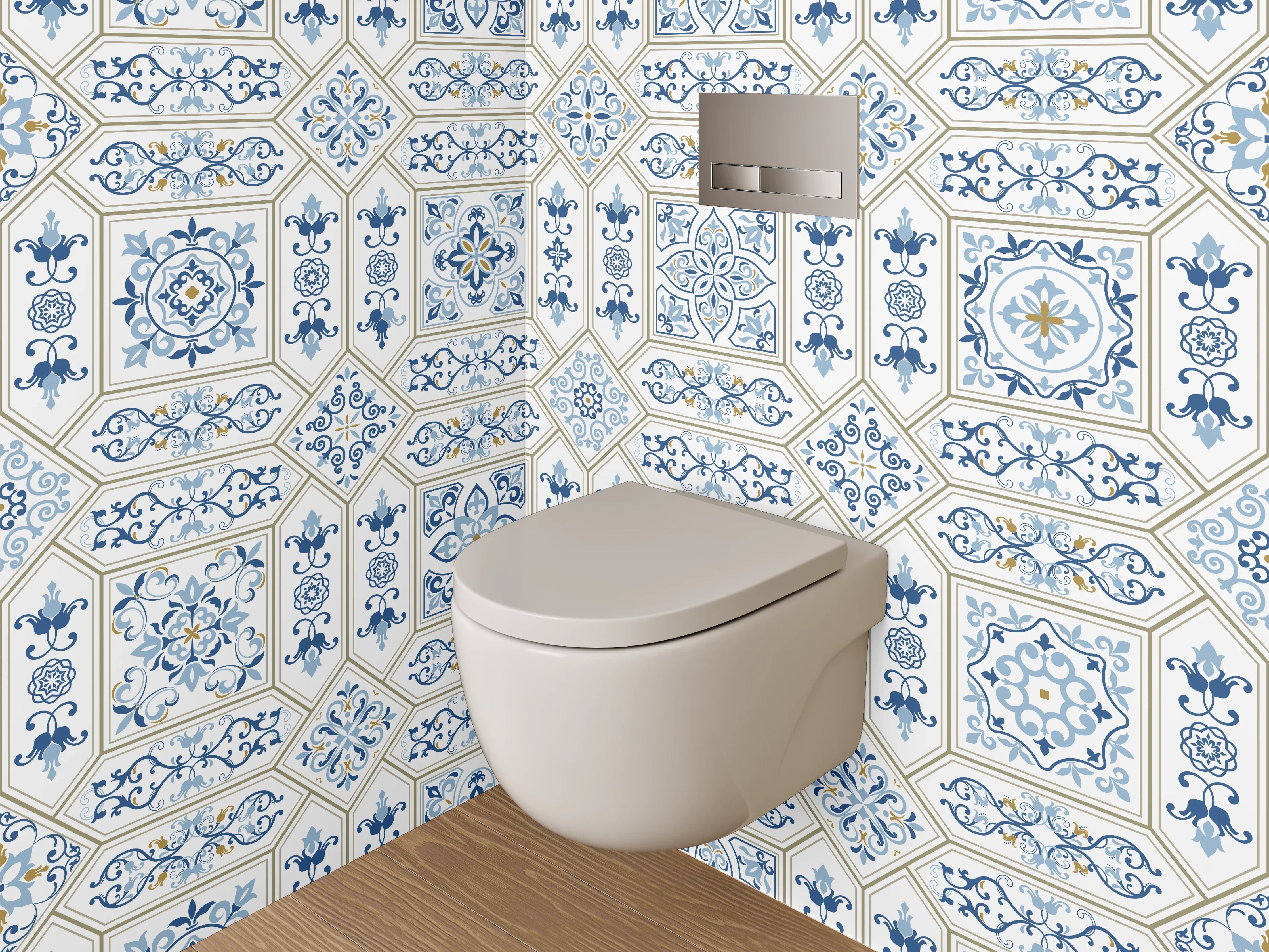 WC-Rückwand - Mediterrane Fliesenoptik Blau Weiß Muster
