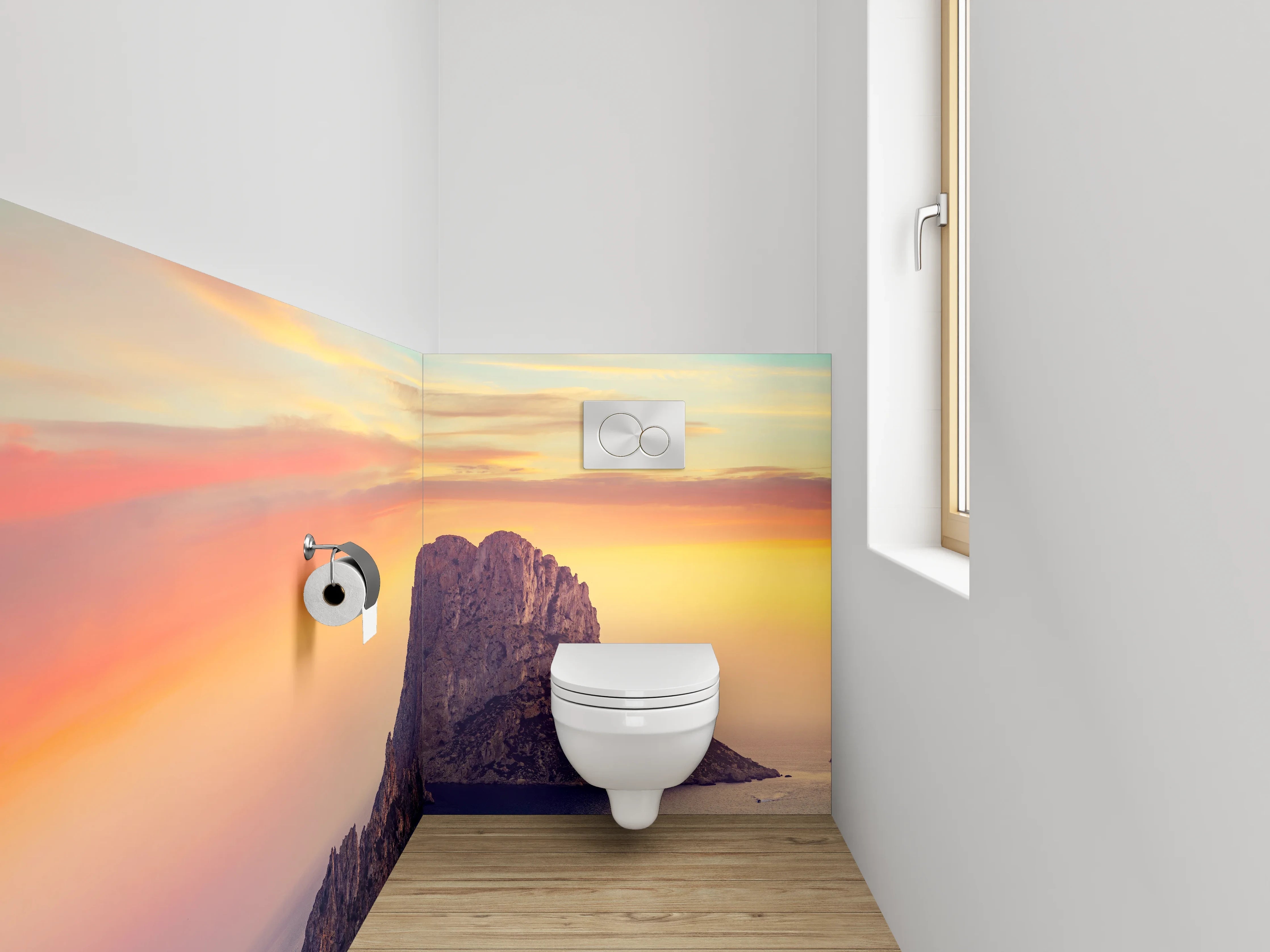 WC-Rückwand - Mediterrane Insel im Sonnenuntergang