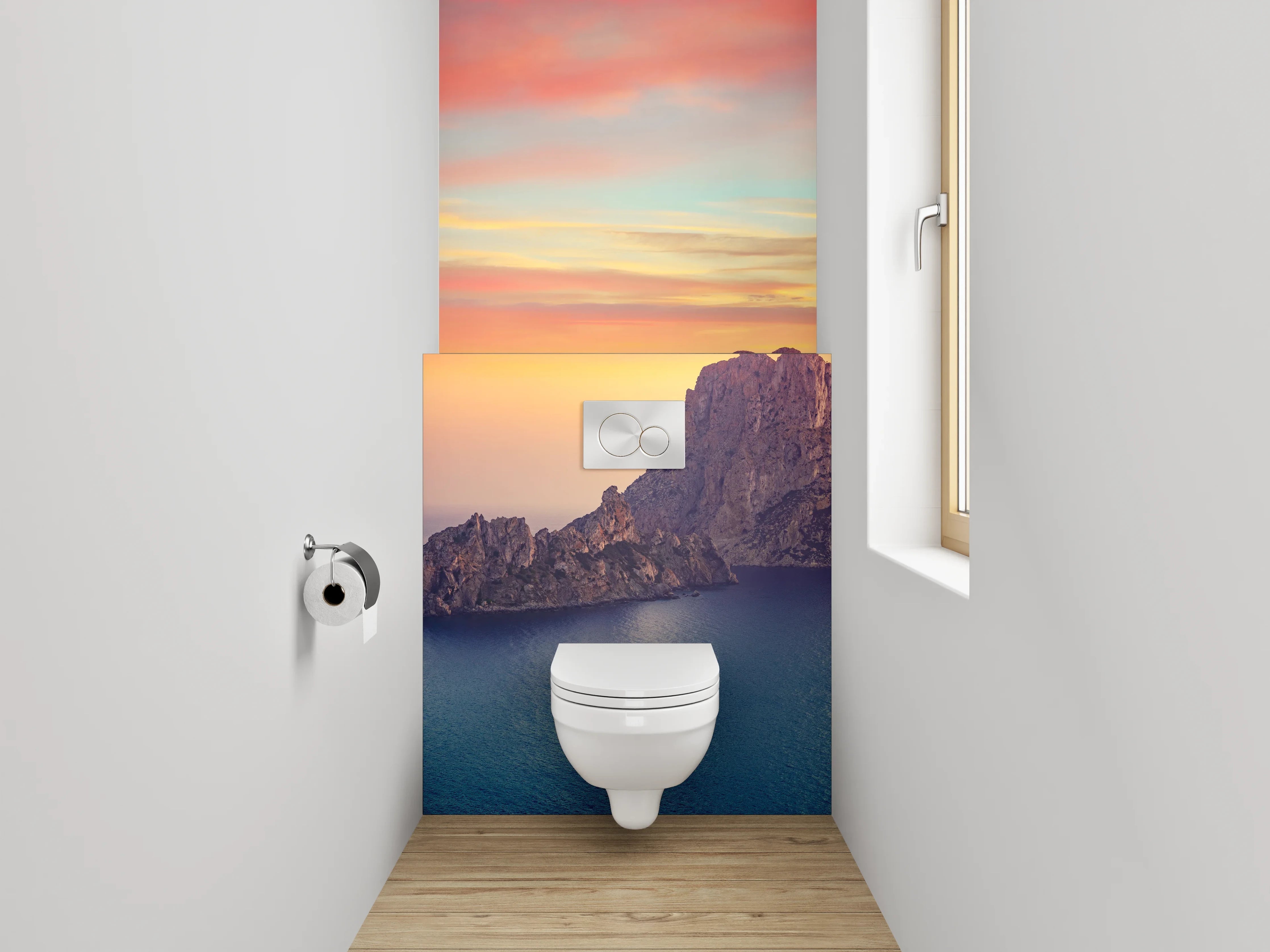WC-Rückwand - Mediterrane Insel im Sonnenuntergang