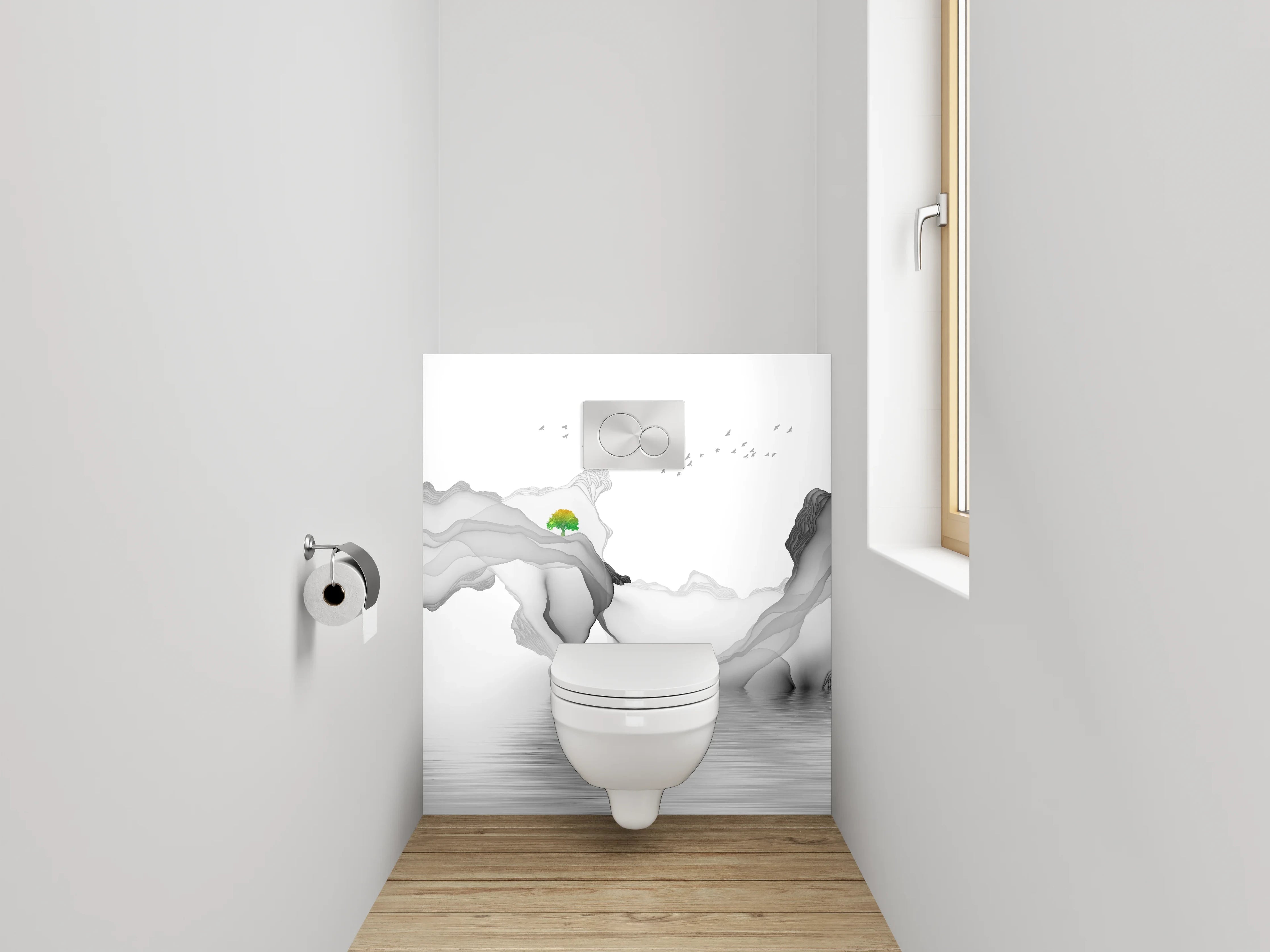 WC-Rückwand - Minimalistische Berglandschaft in Schwarz-Weiß