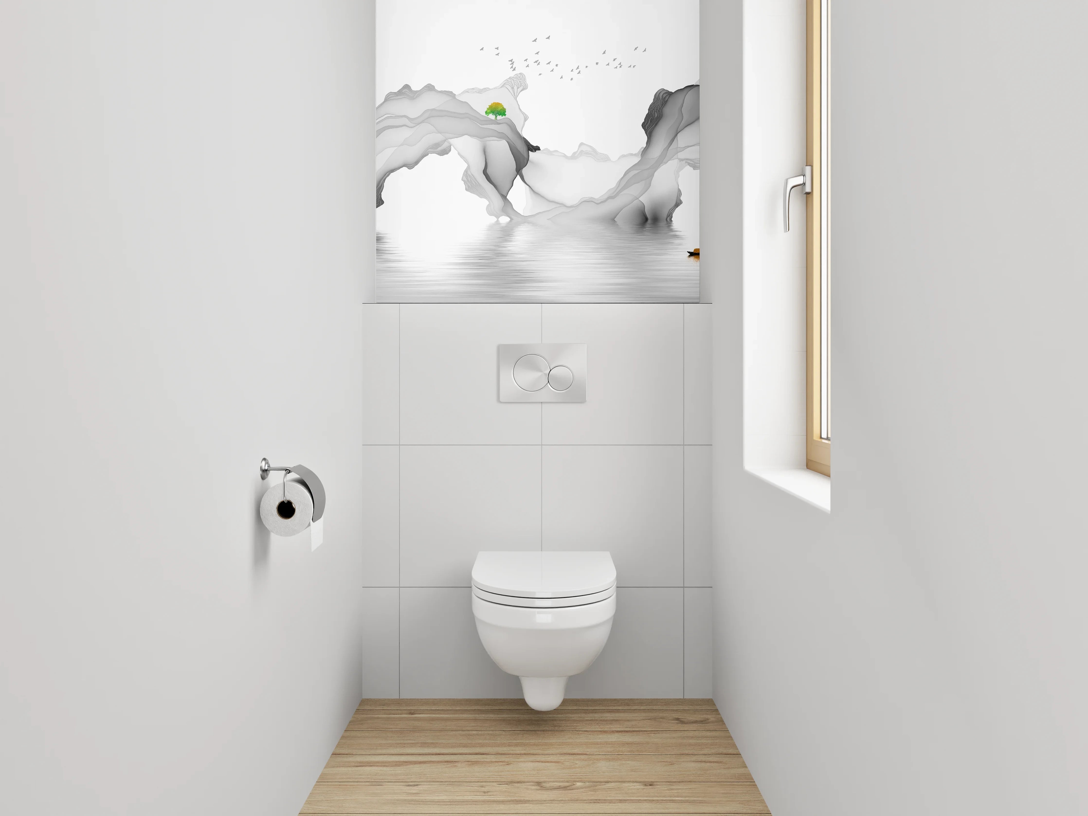 WC-Rückwand - Minimalistische Berglandschaft in Schwarz-Weiß