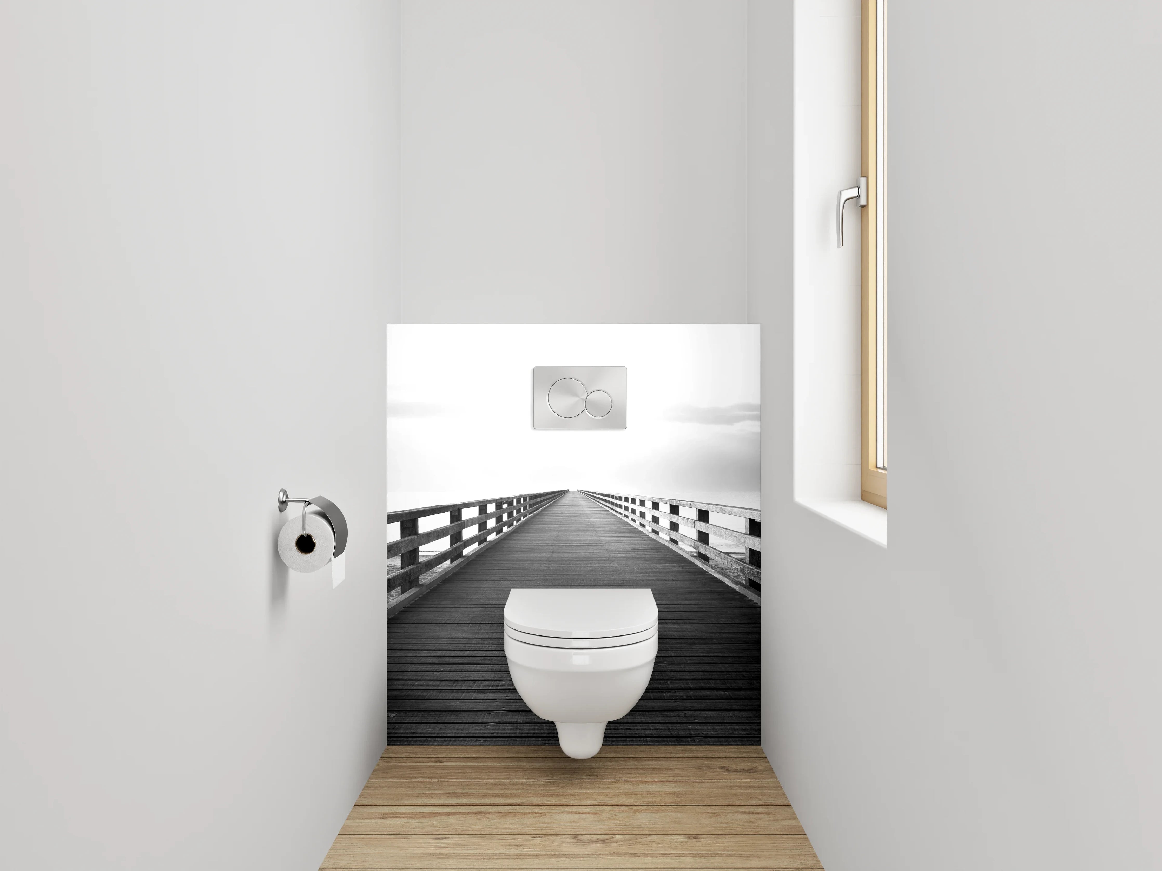 WC-Rückwand - Minimalistische Brücke in Schwarz-Weiß