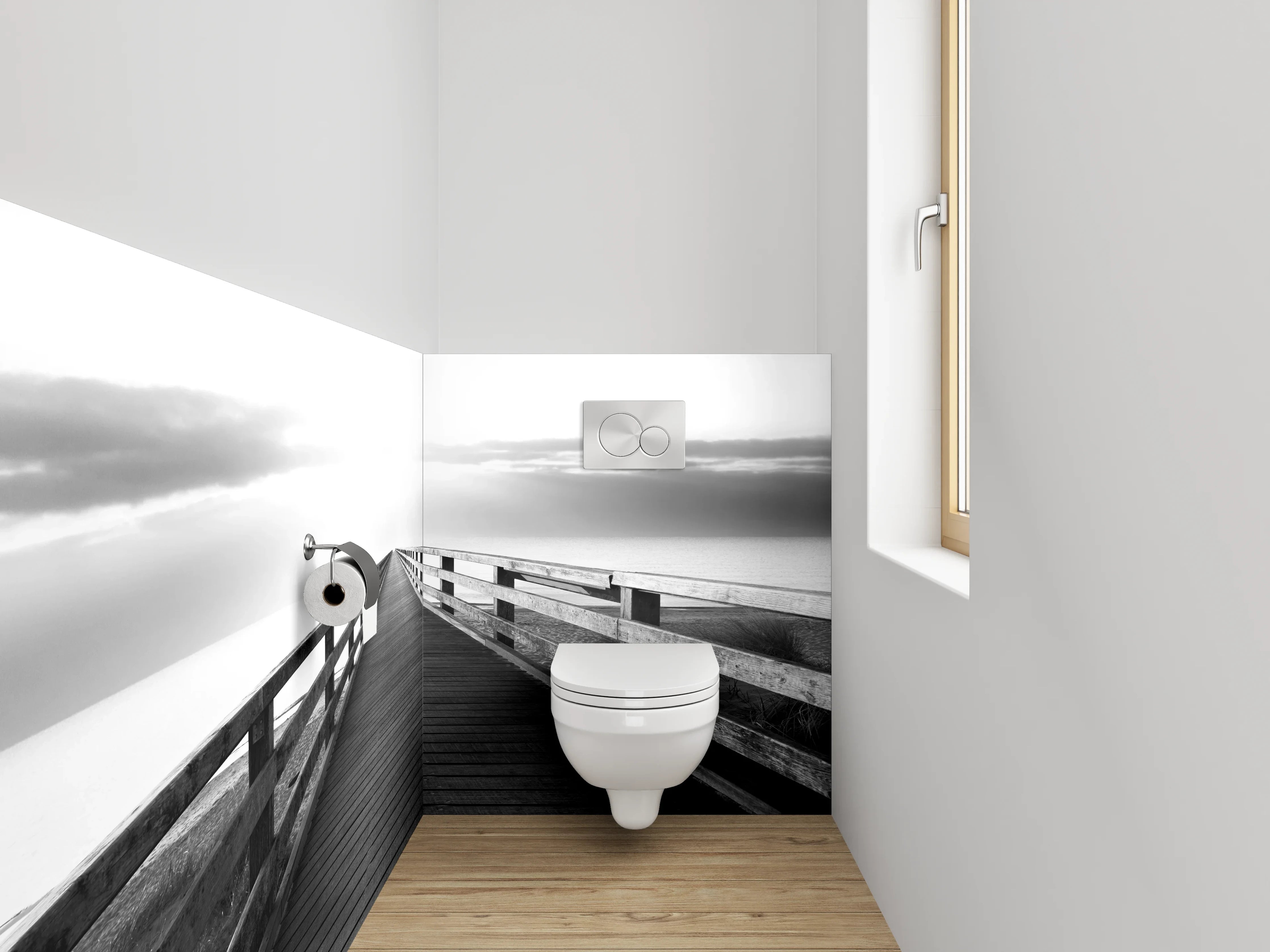 WC-Rückwand - Minimalistische Brücke in Schwarz-Weiß