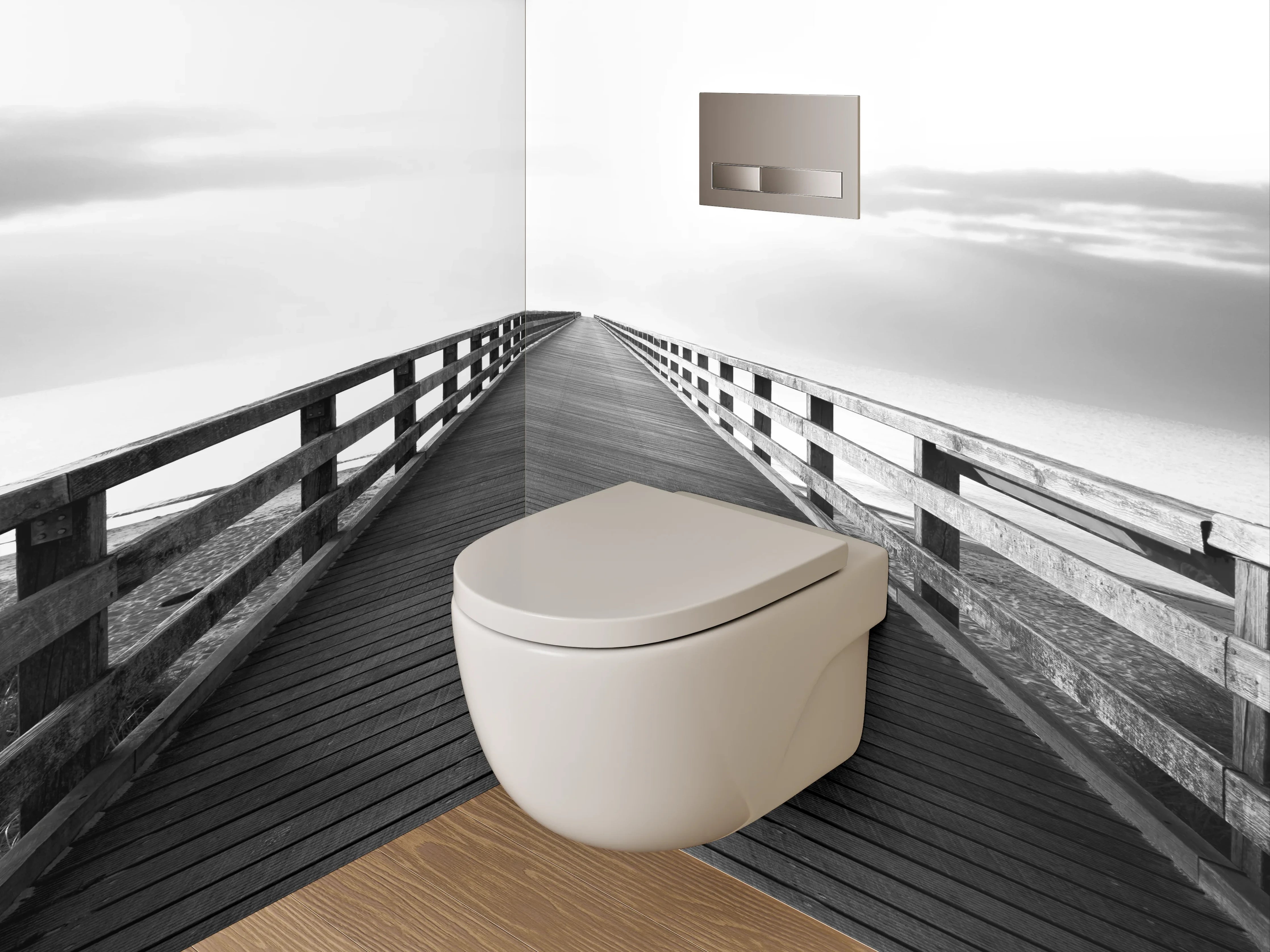 WC-Rückwand - Minimalistische Brücke in Schwarz-Weiß