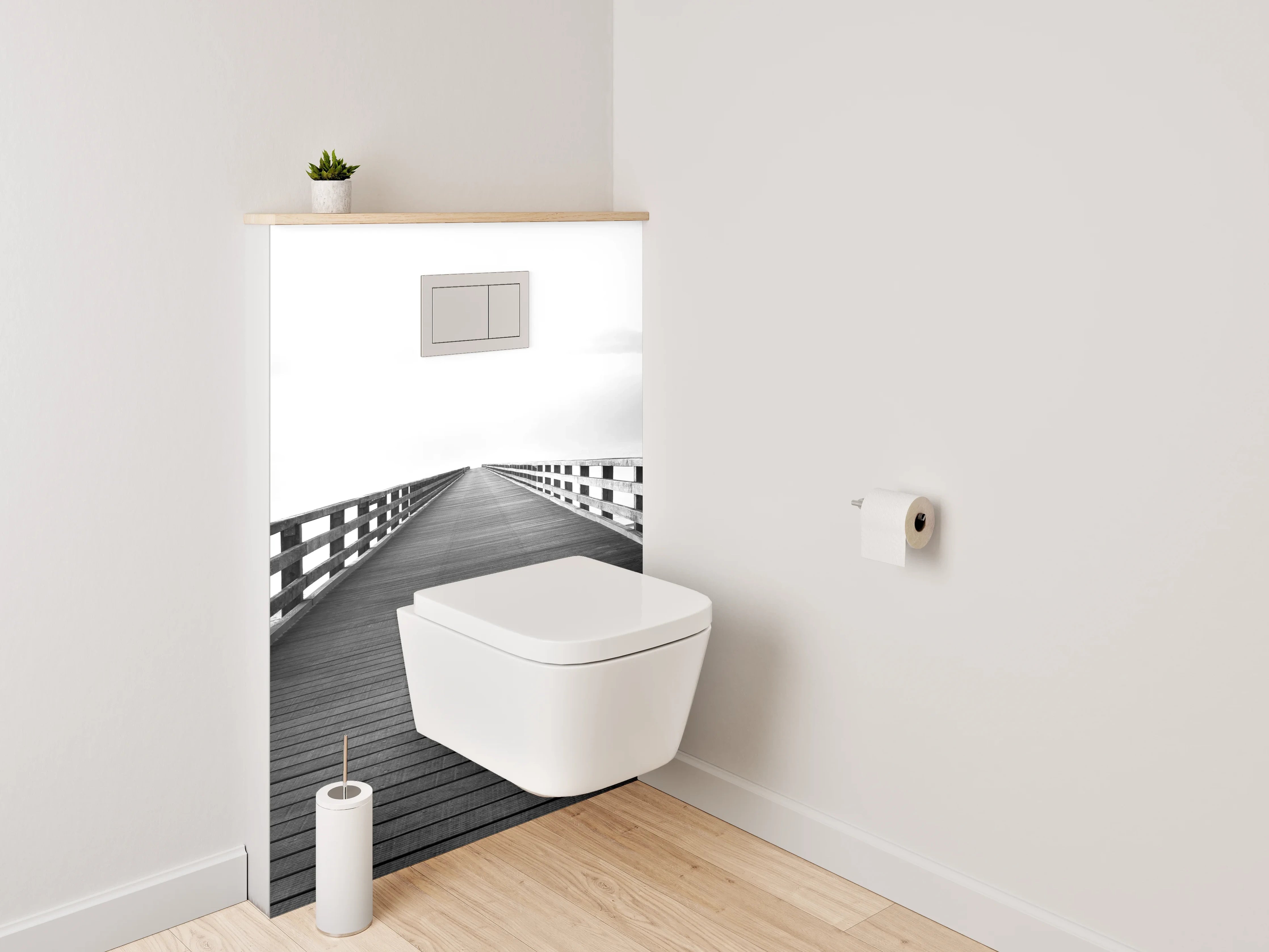 WC-Rückwand - Minimalistische Brücke in Schwarz-Weiß