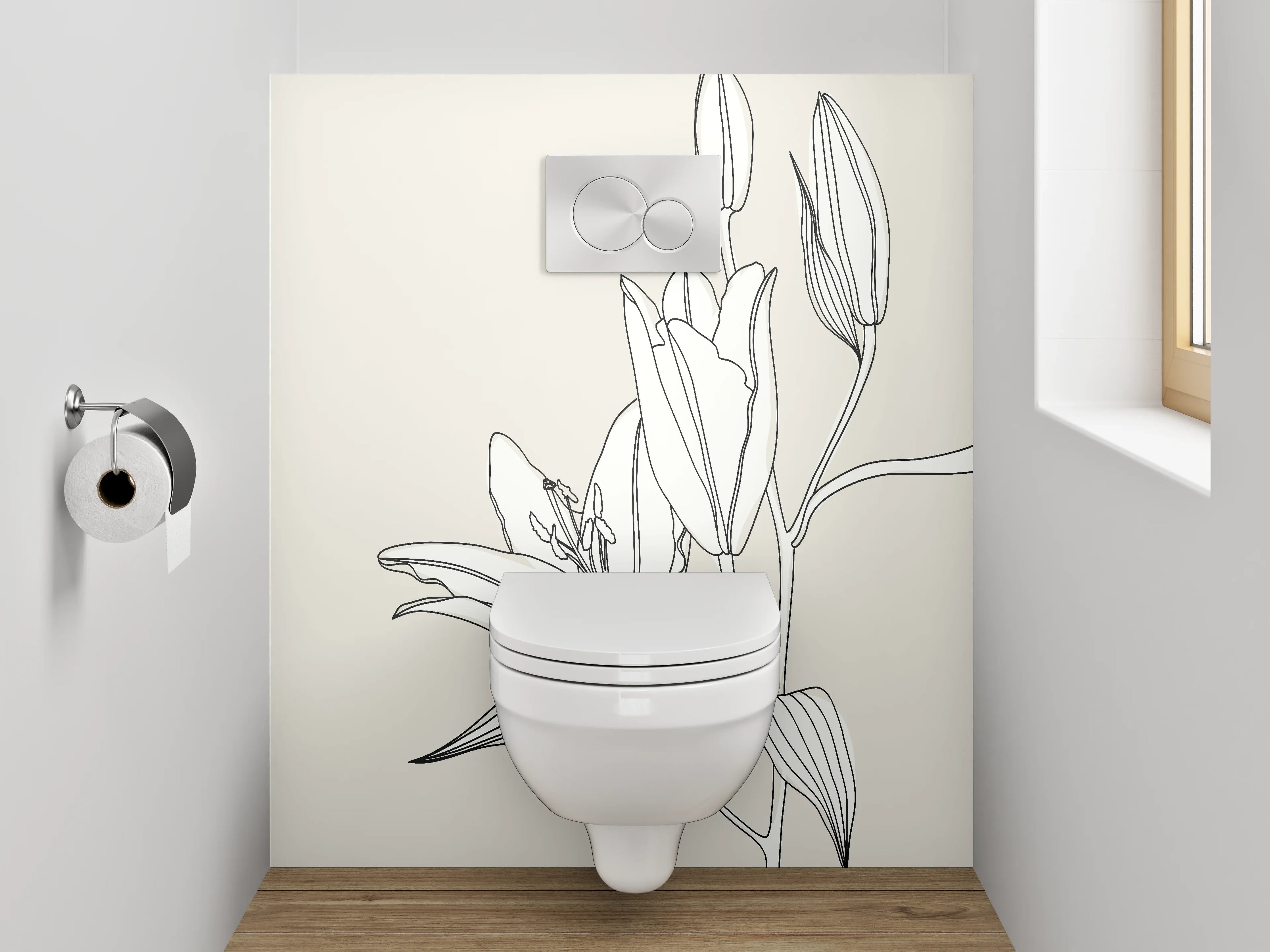 WC-Rückwand - Minimalistische Lineart Grafik Lilie Weiß Grau