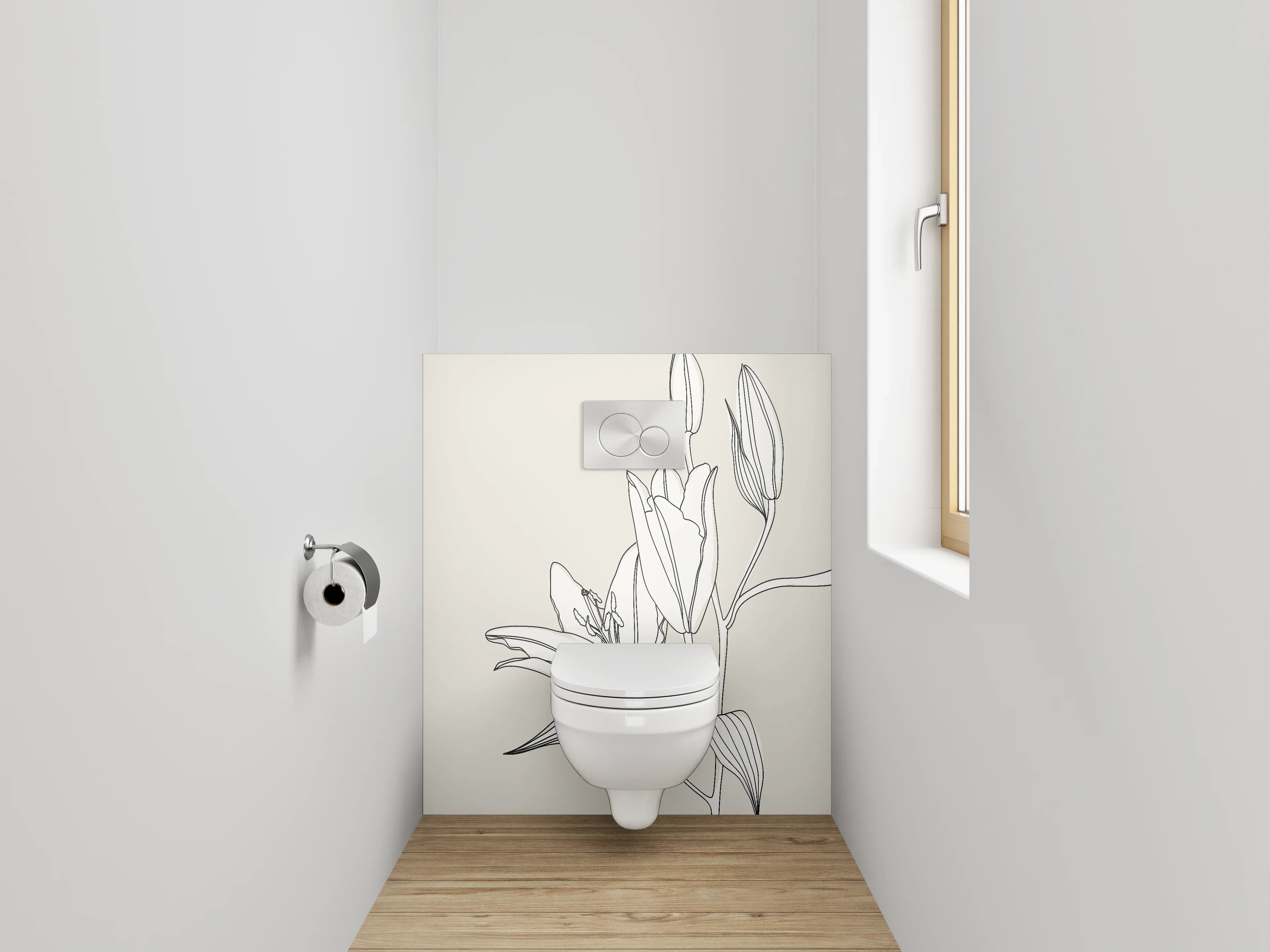 WC-Rückwand - Minimalistische Lineart Grafik Lilie Weiß Grau