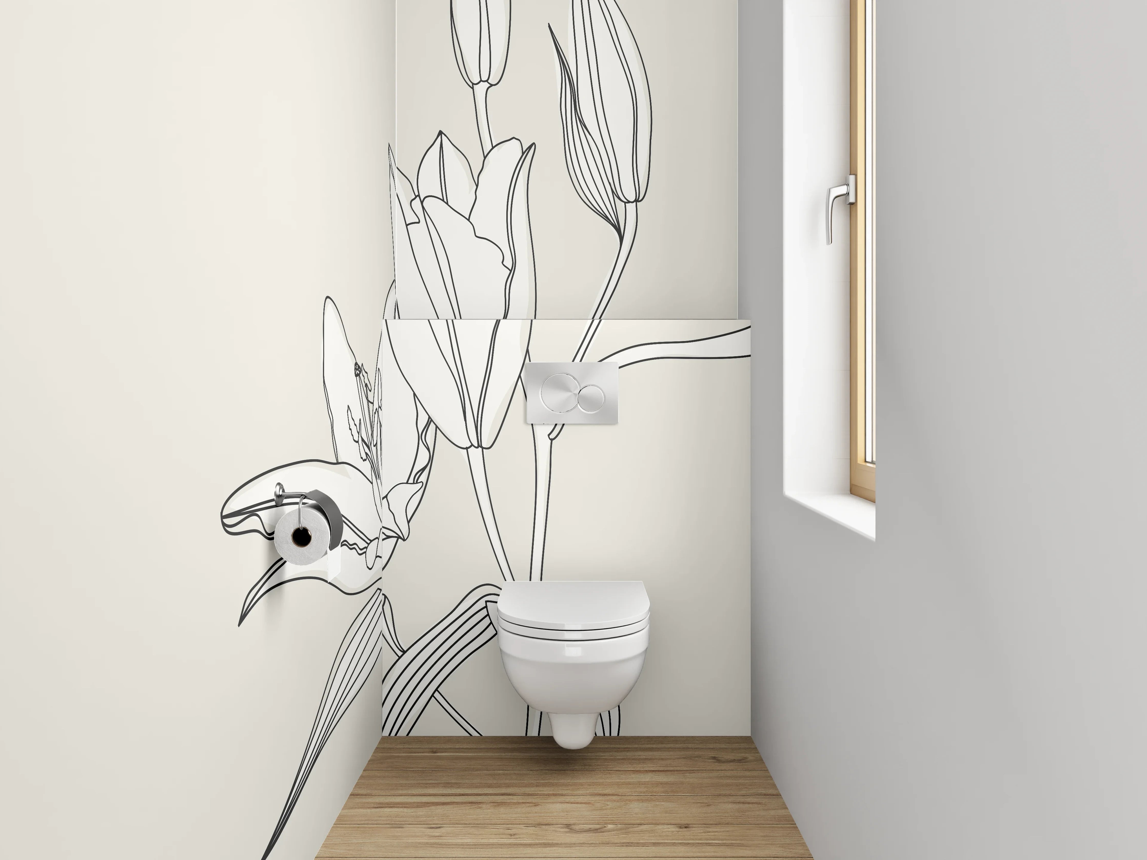 WC-Rückwand - Minimalistische Lineart Grafik Lilie Weiß Grau