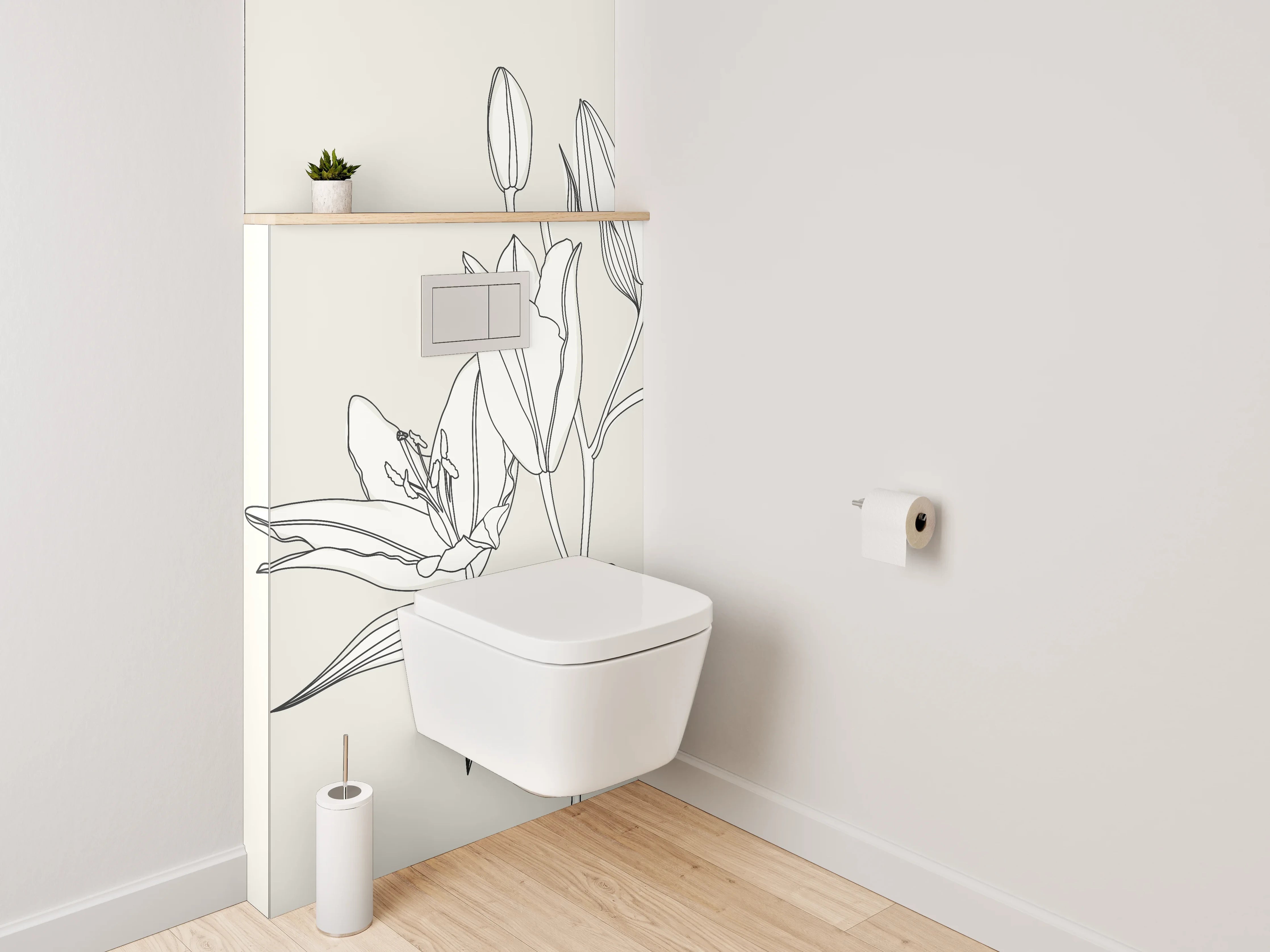 WC-Rückwand - Minimalistische Lineart Grafik Lilie Weiß Grau