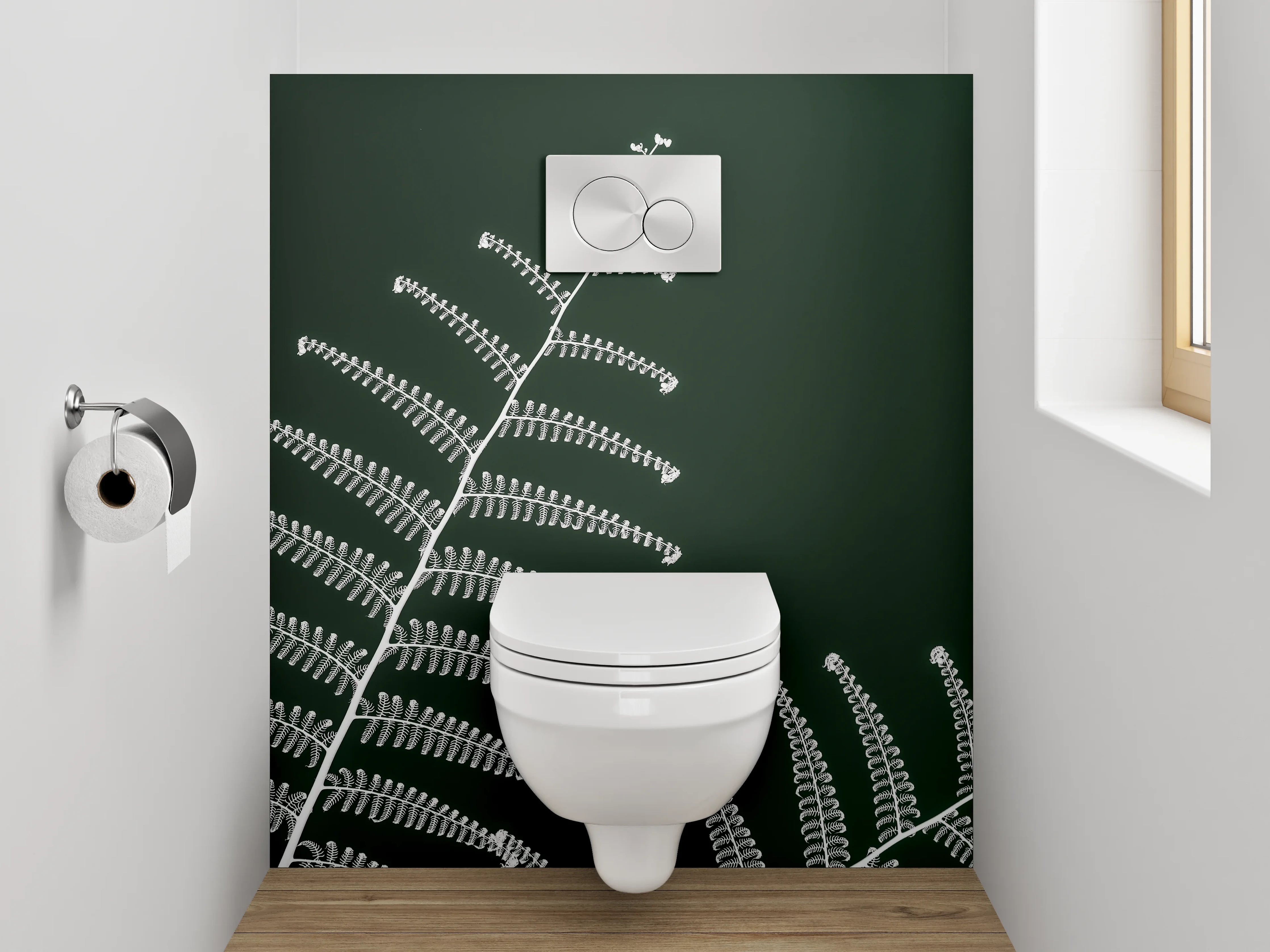 WC-Rückwand - Minimalistischer Farn auf dunklem Grün