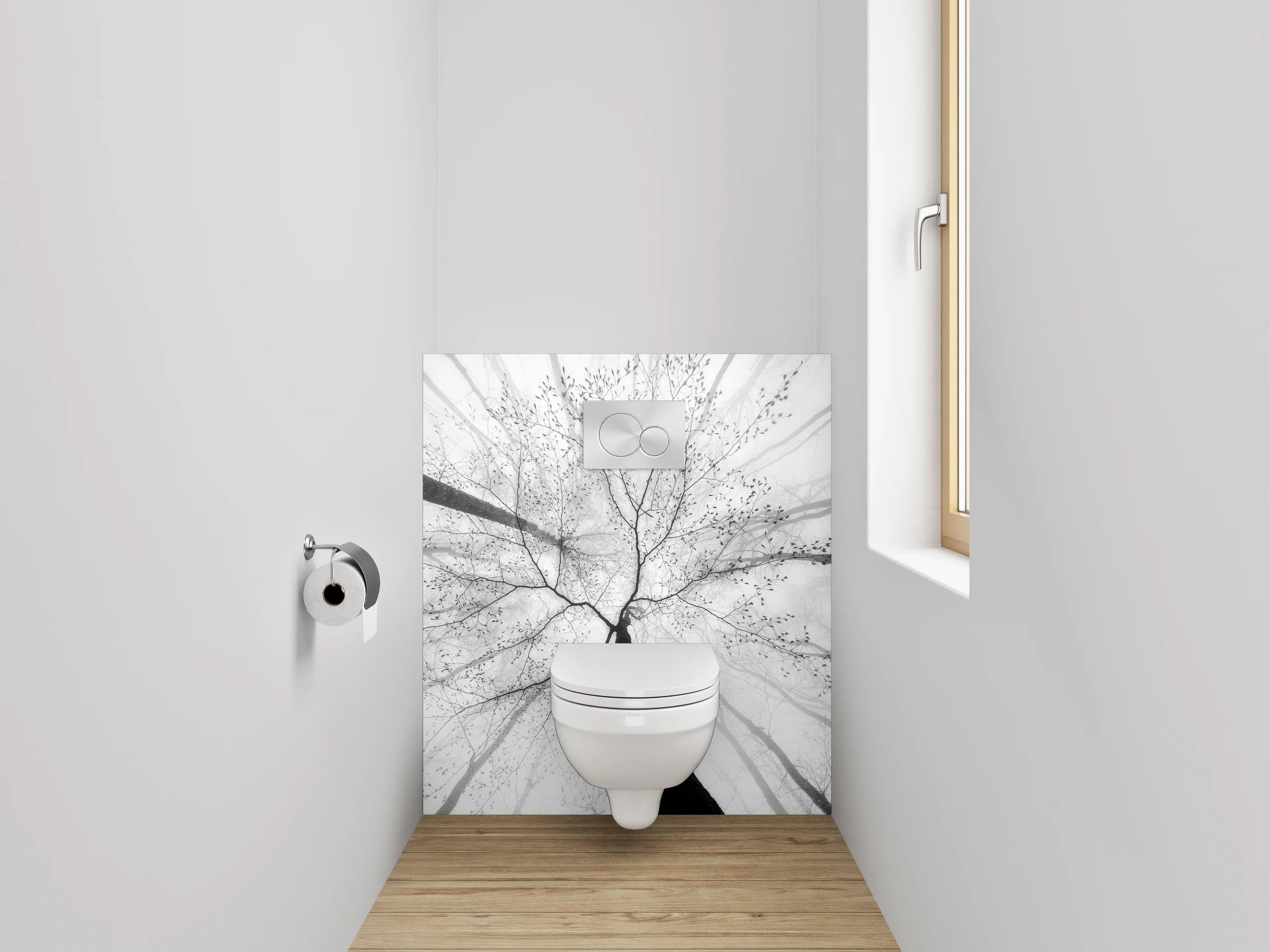 WC-Rückwand - Minimalistischer Schwarz-Weiß-Baum