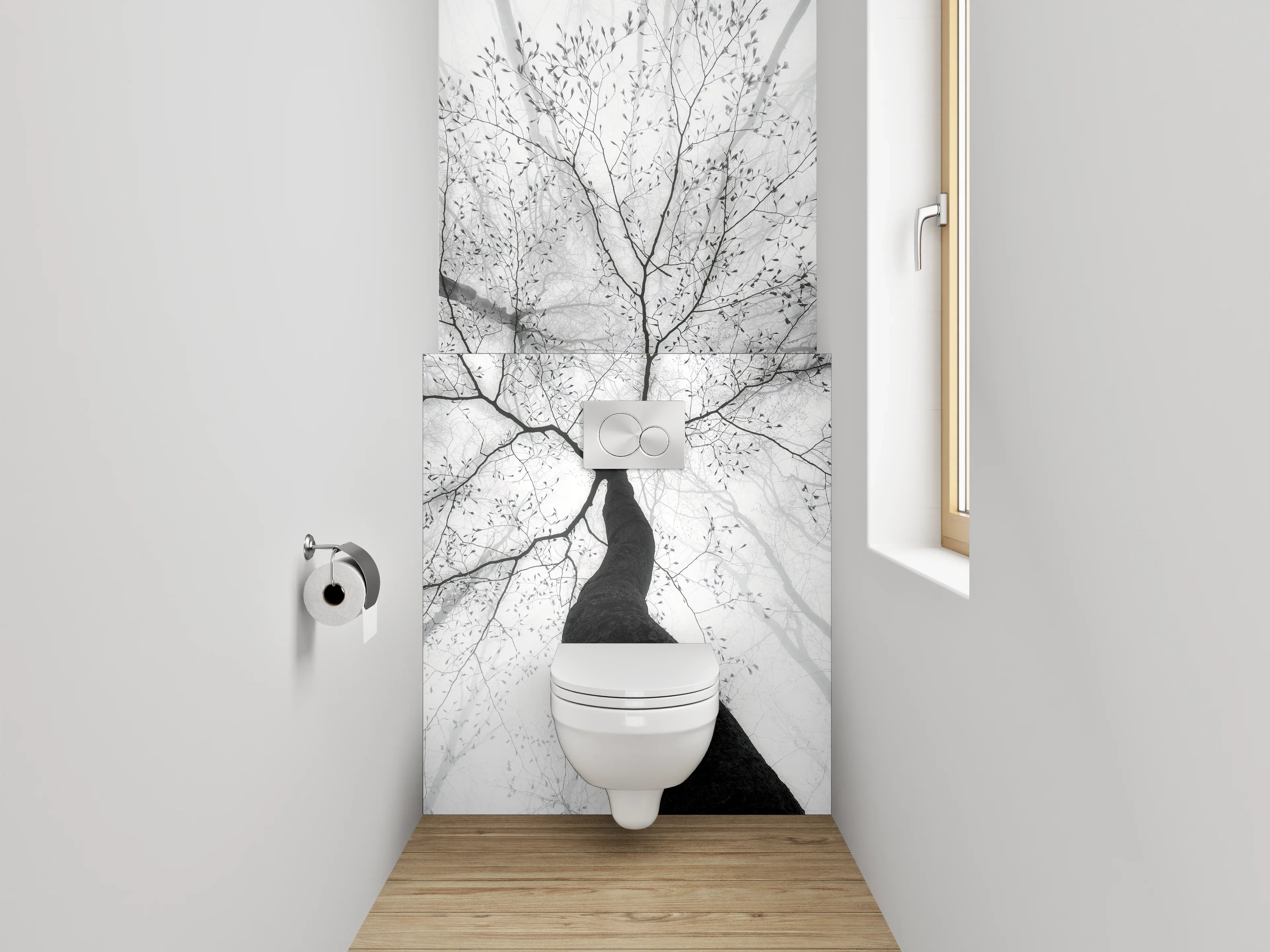 WC-Rückwand - Minimalistischer Schwarz-Weiß-Baum