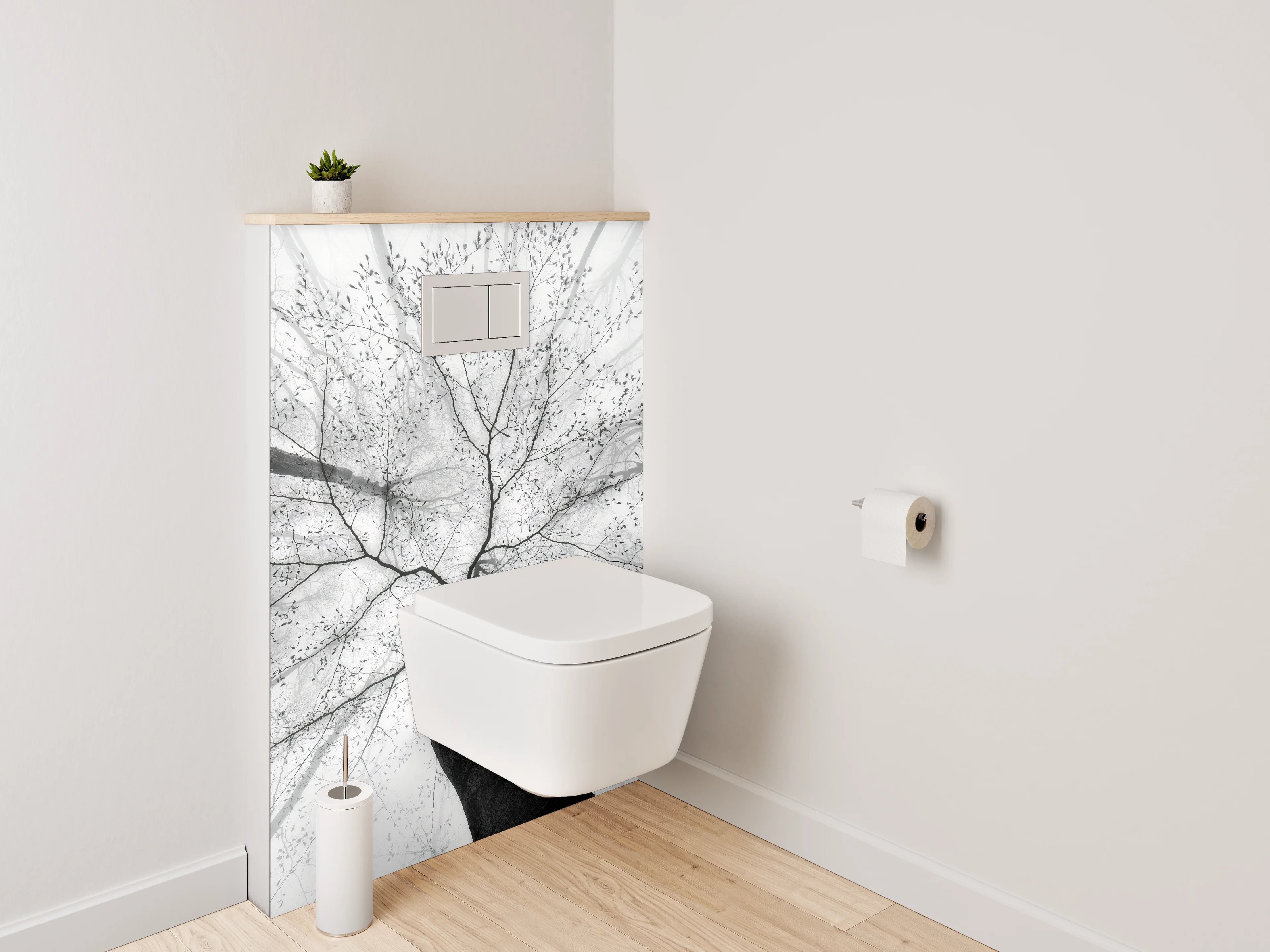 WC-Rückwand - Minimalistischer Schwarz-Weiß-Baum
