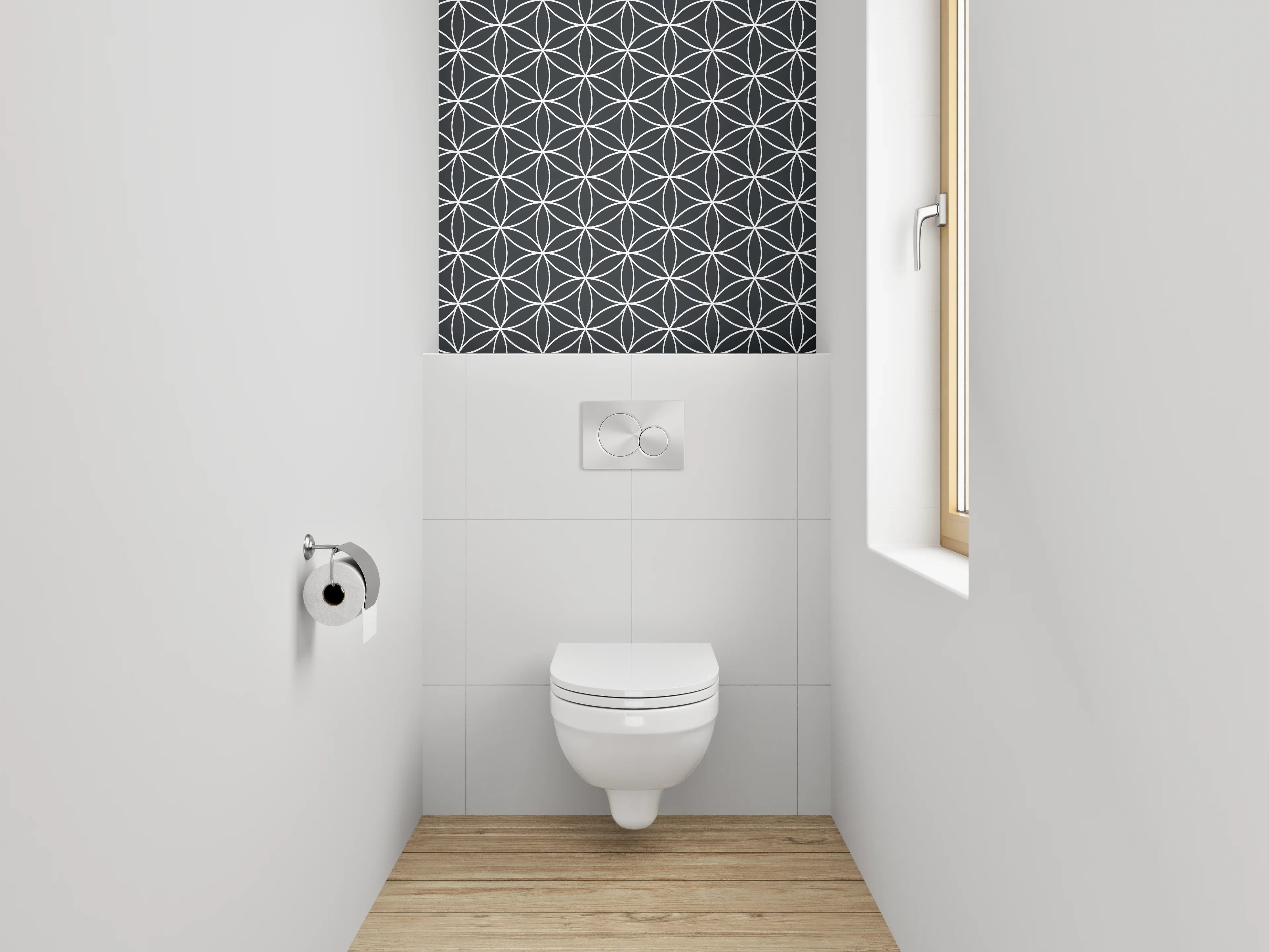 WC-Rückwand - Minimalistisches geometrisches Blumenmuster schwarz-weiß