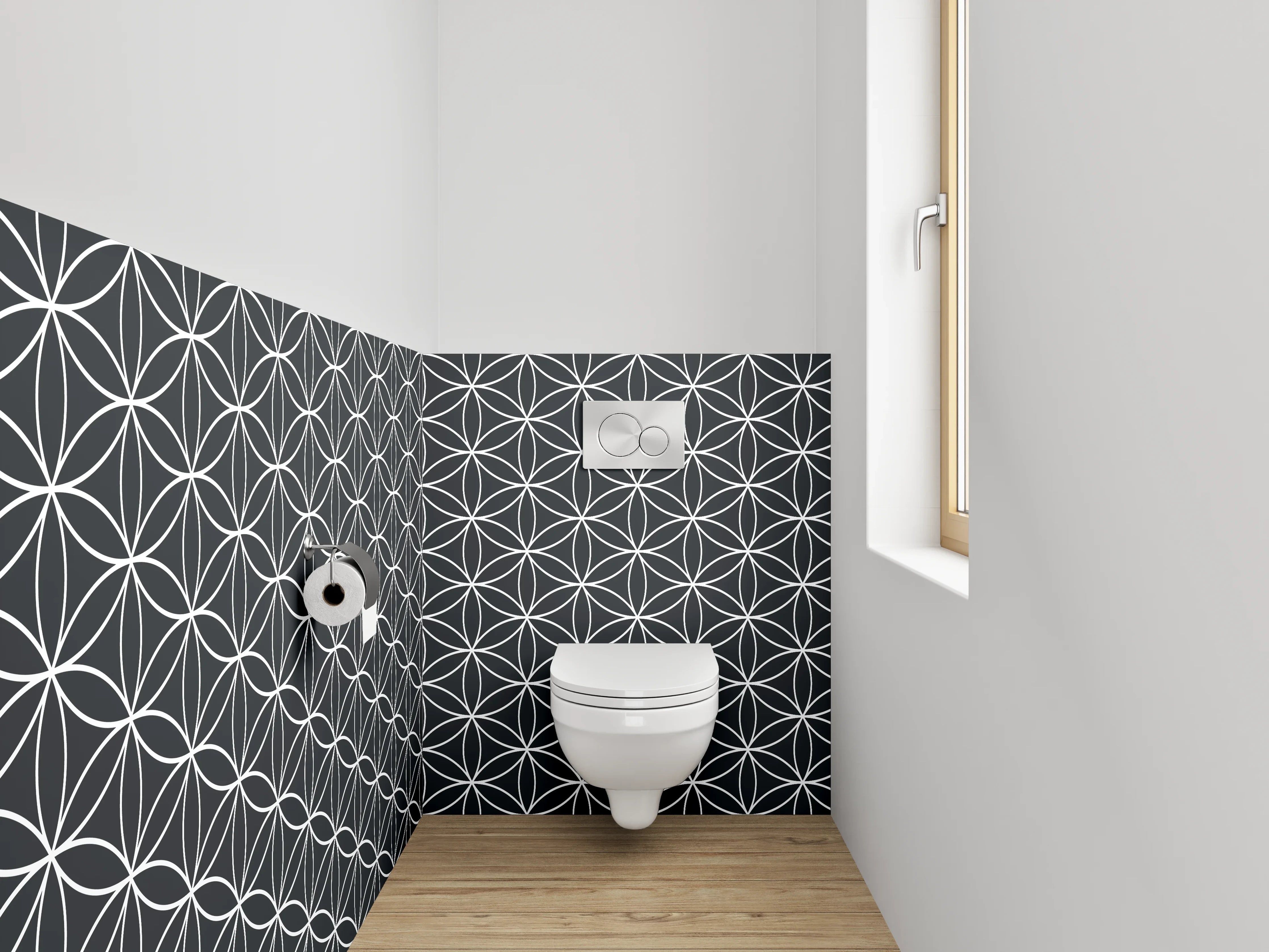 WC-Rückwand - Minimalistisches geometrisches Blumenmuster schwarz-weiß