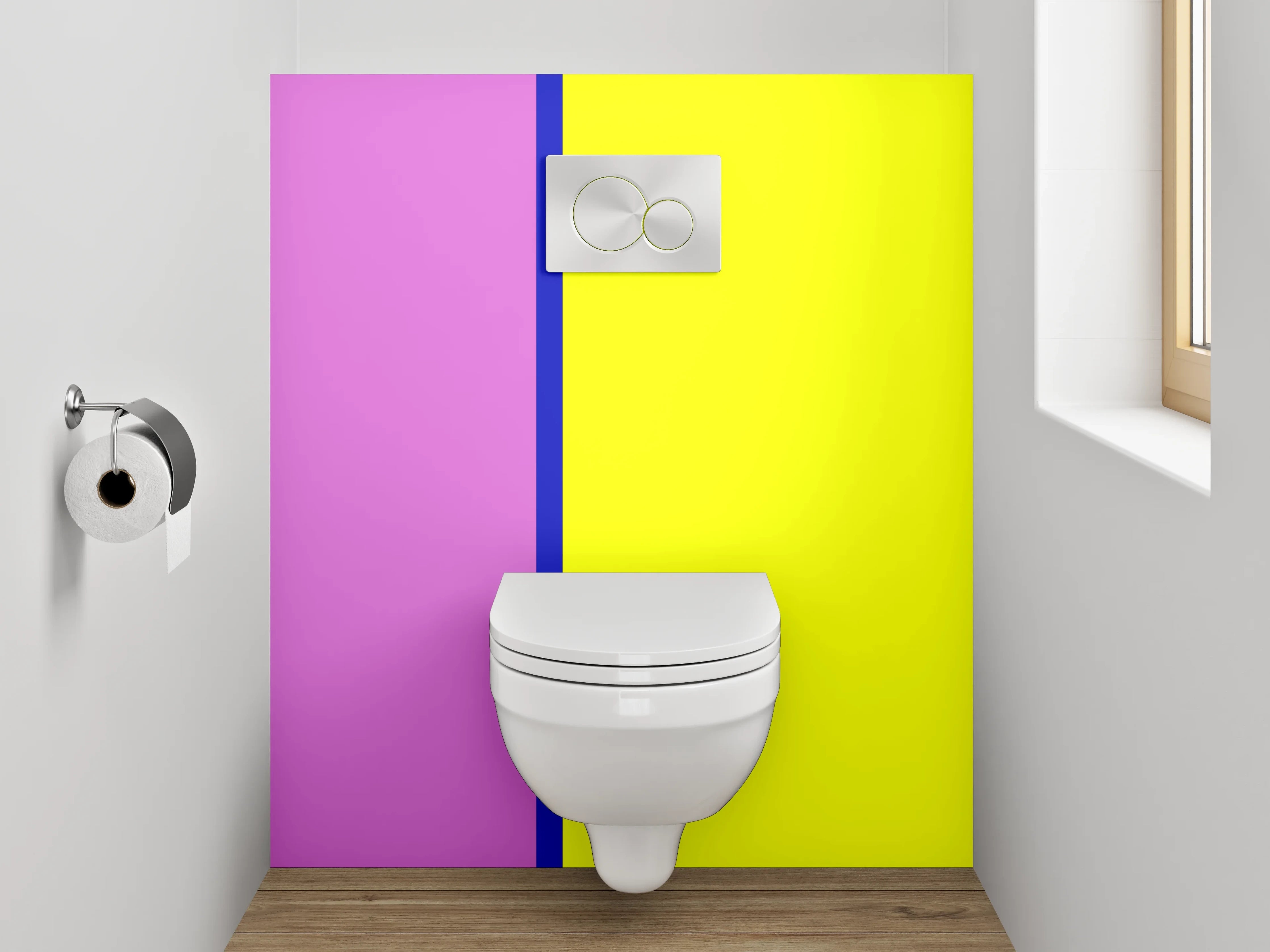 WC-Rückwand - Moderne Farbkombination Pink Gelb Blau