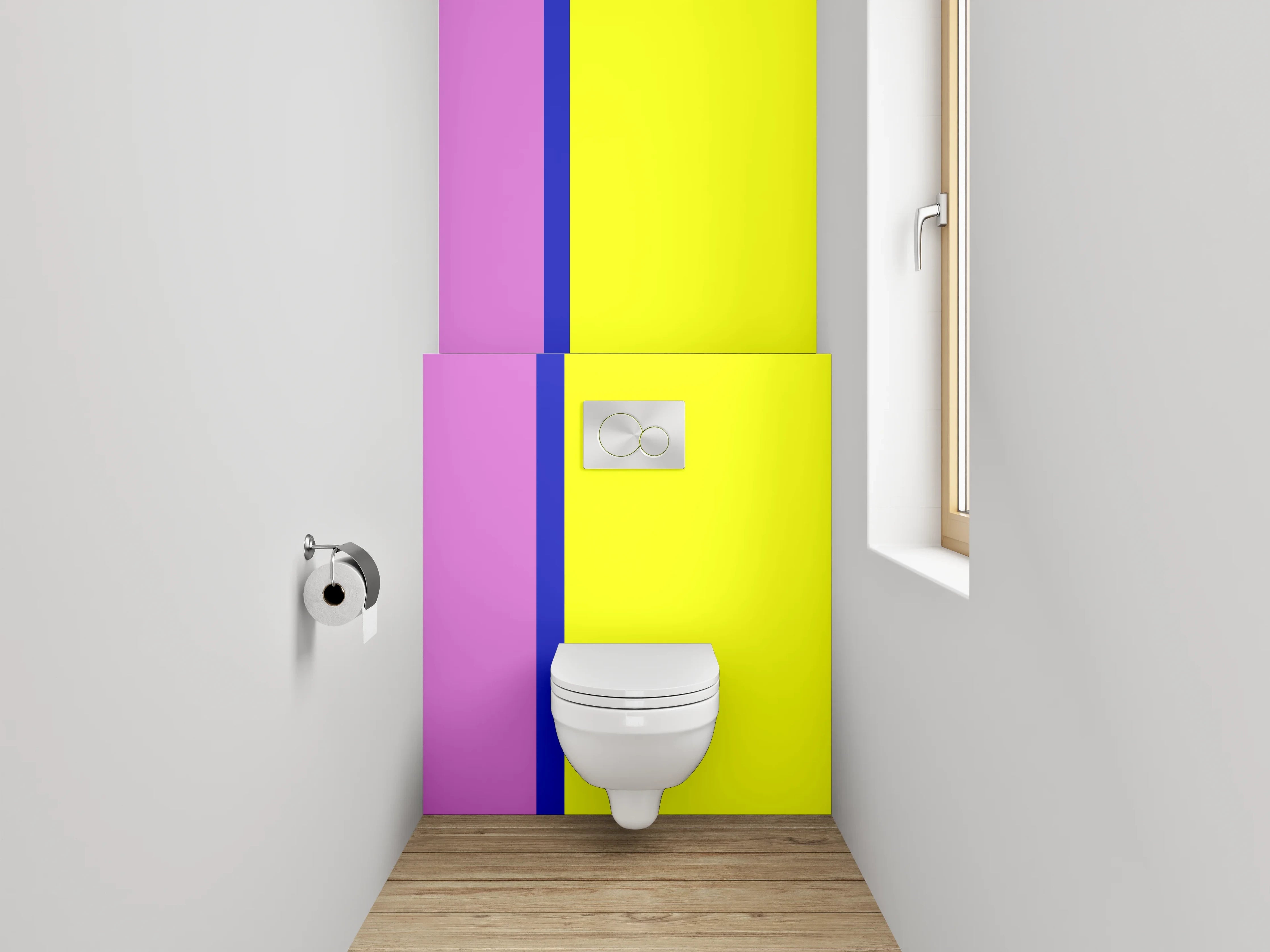 WC-Rückwand - Moderne Farbkombination Pink Gelb Blau
