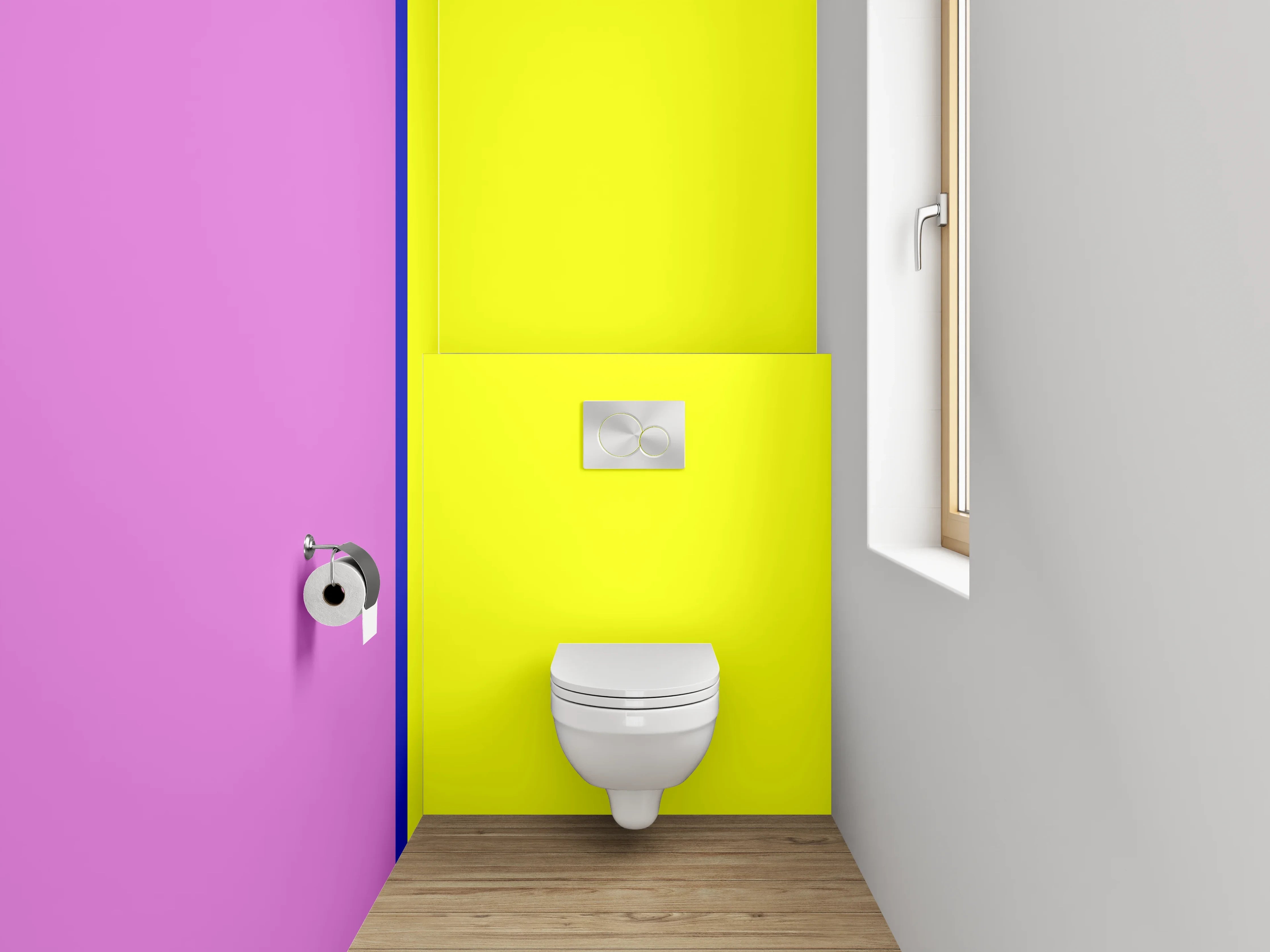 WC-Rückwand - Moderne Farbkombination Pink Gelb Blau