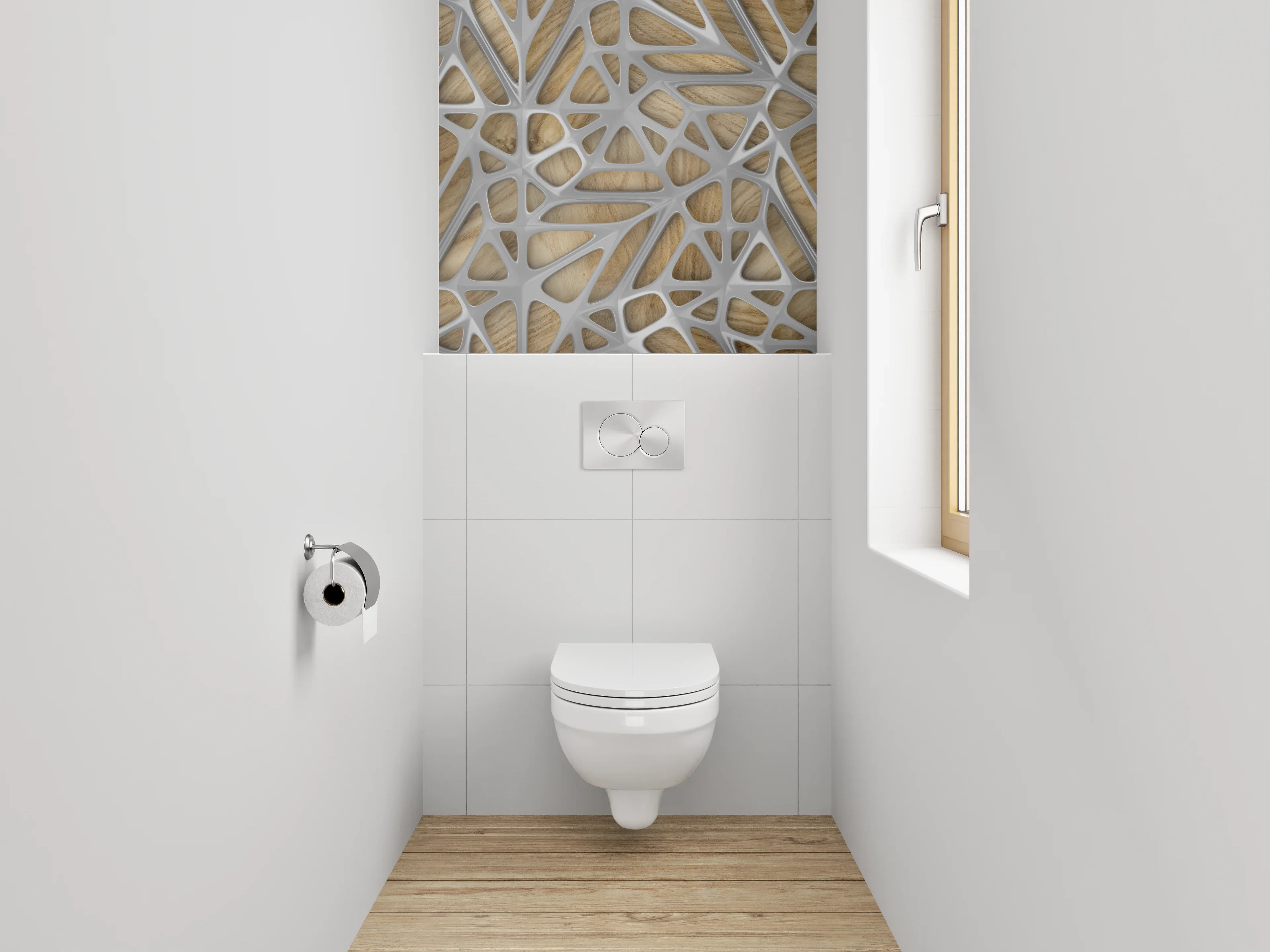 WC-Rückwand - Moderne Holzwand mit kunstvollem Muster