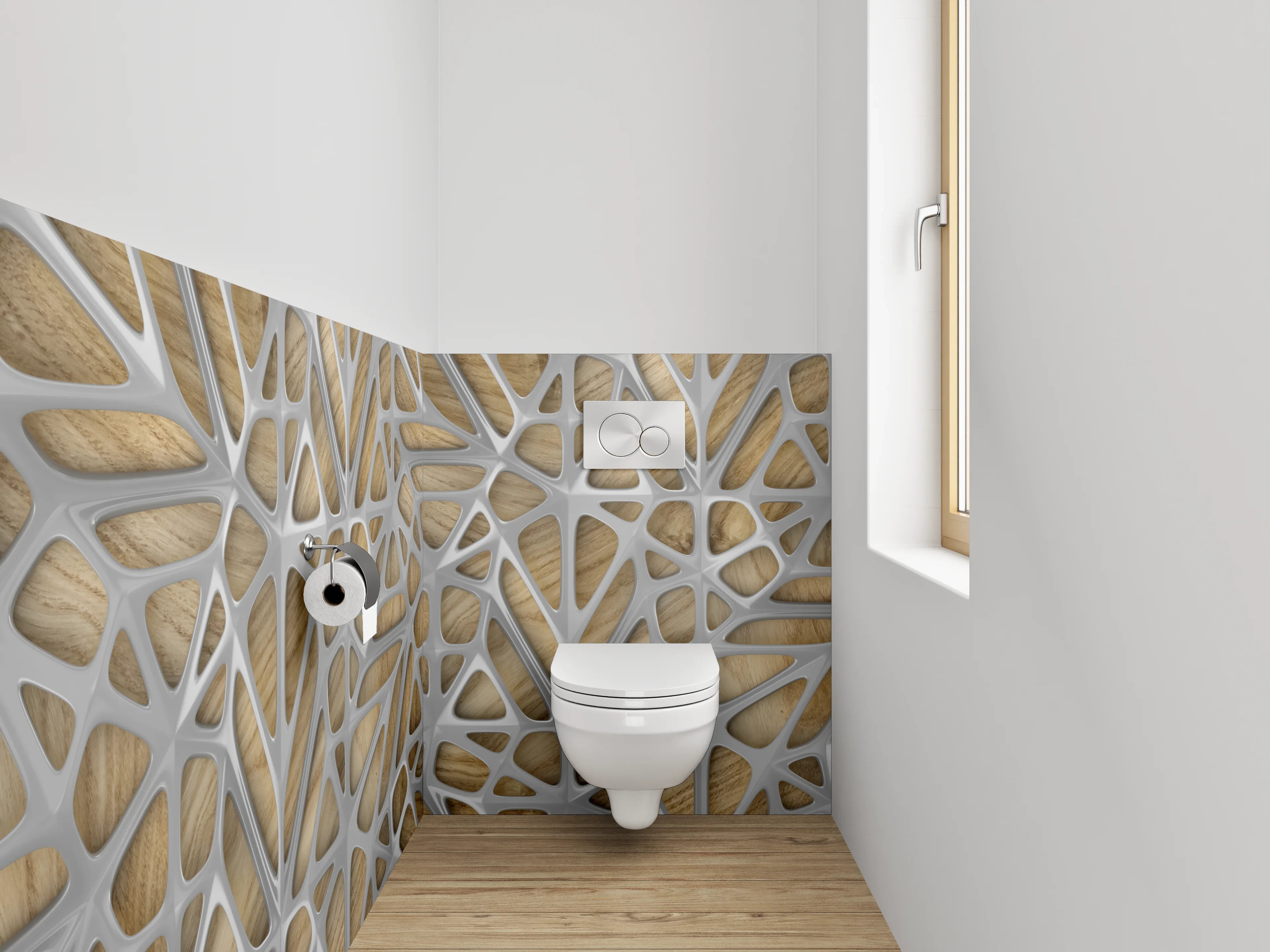 WC-Rückwand - Moderne Holzwand mit kunstvollem Muster