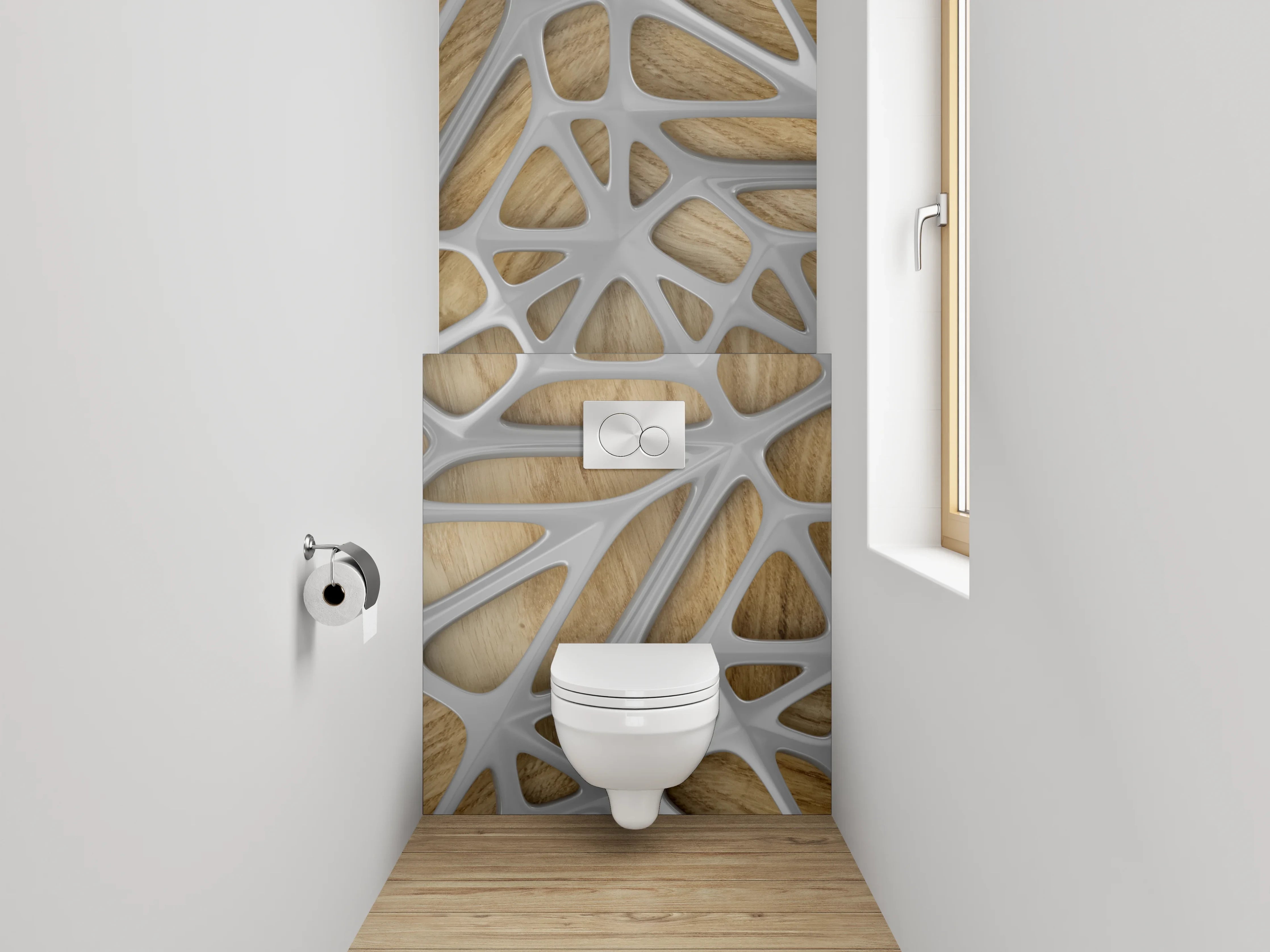 WC-Rückwand - Moderne Holzwand mit kunstvollem Muster