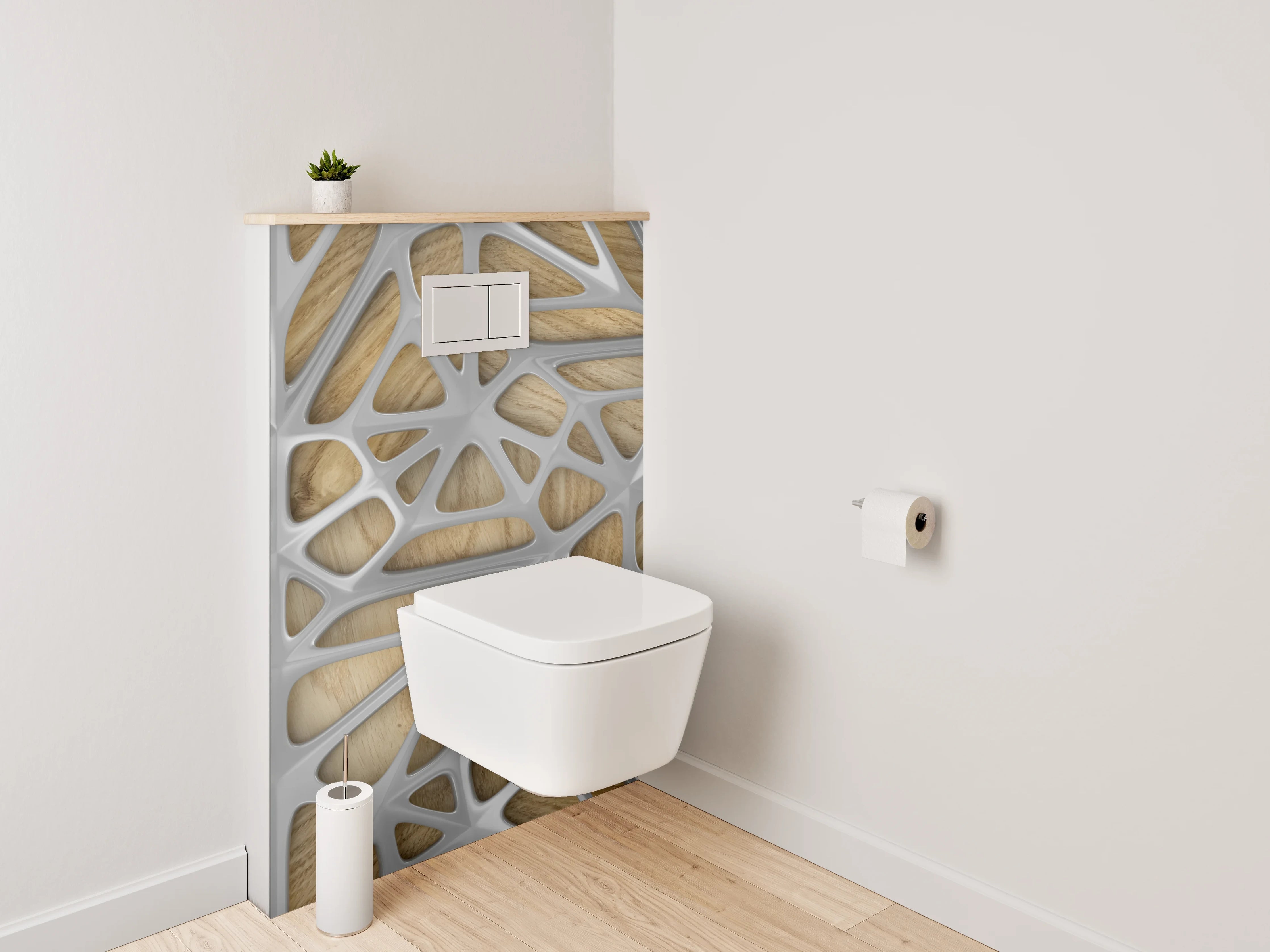 WC-Rückwand - Moderne Holzwand mit kunstvollem Muster
