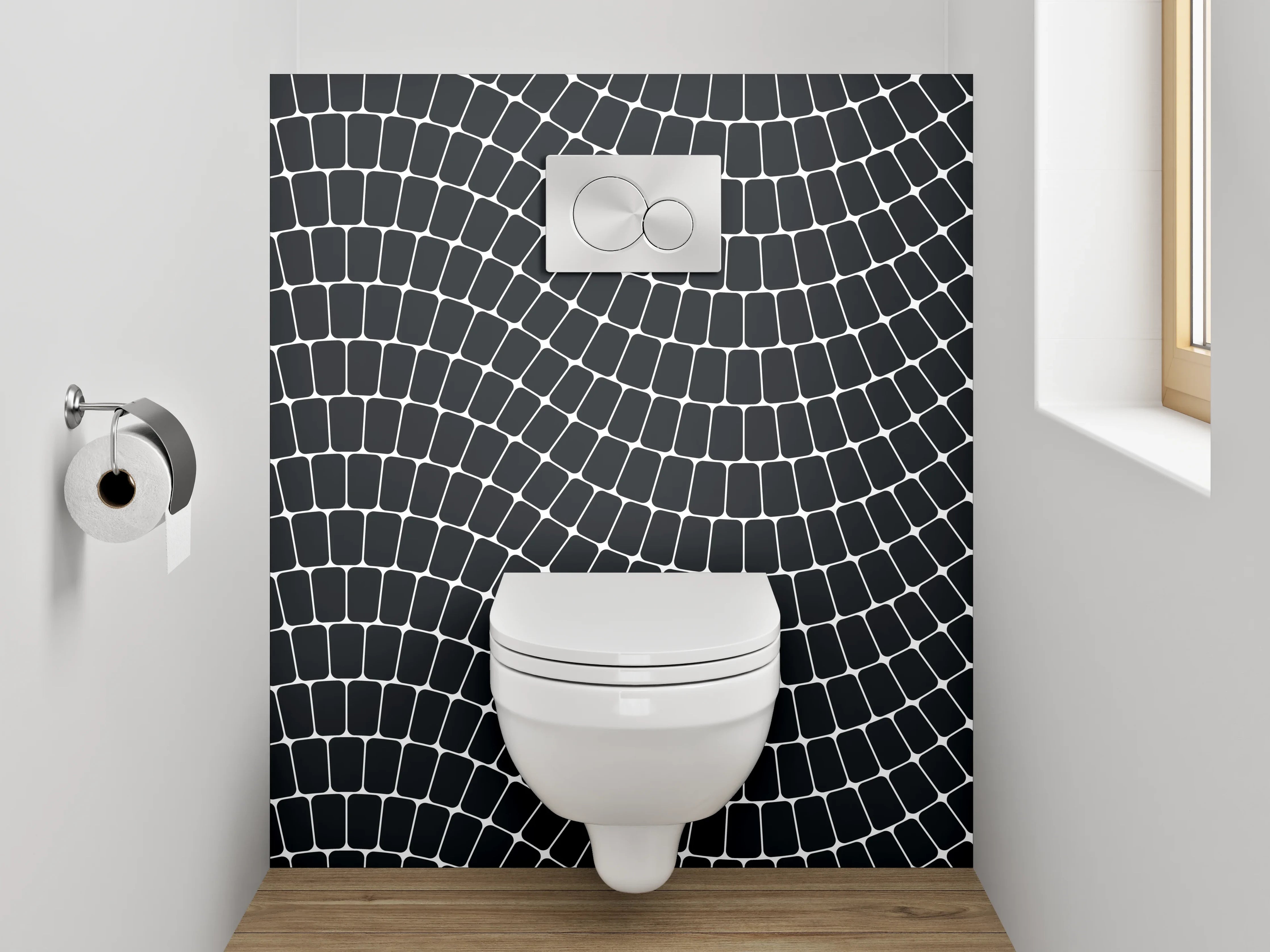 WC-Rückwand - Moderne Wellenlinien auf schwarzem Grund