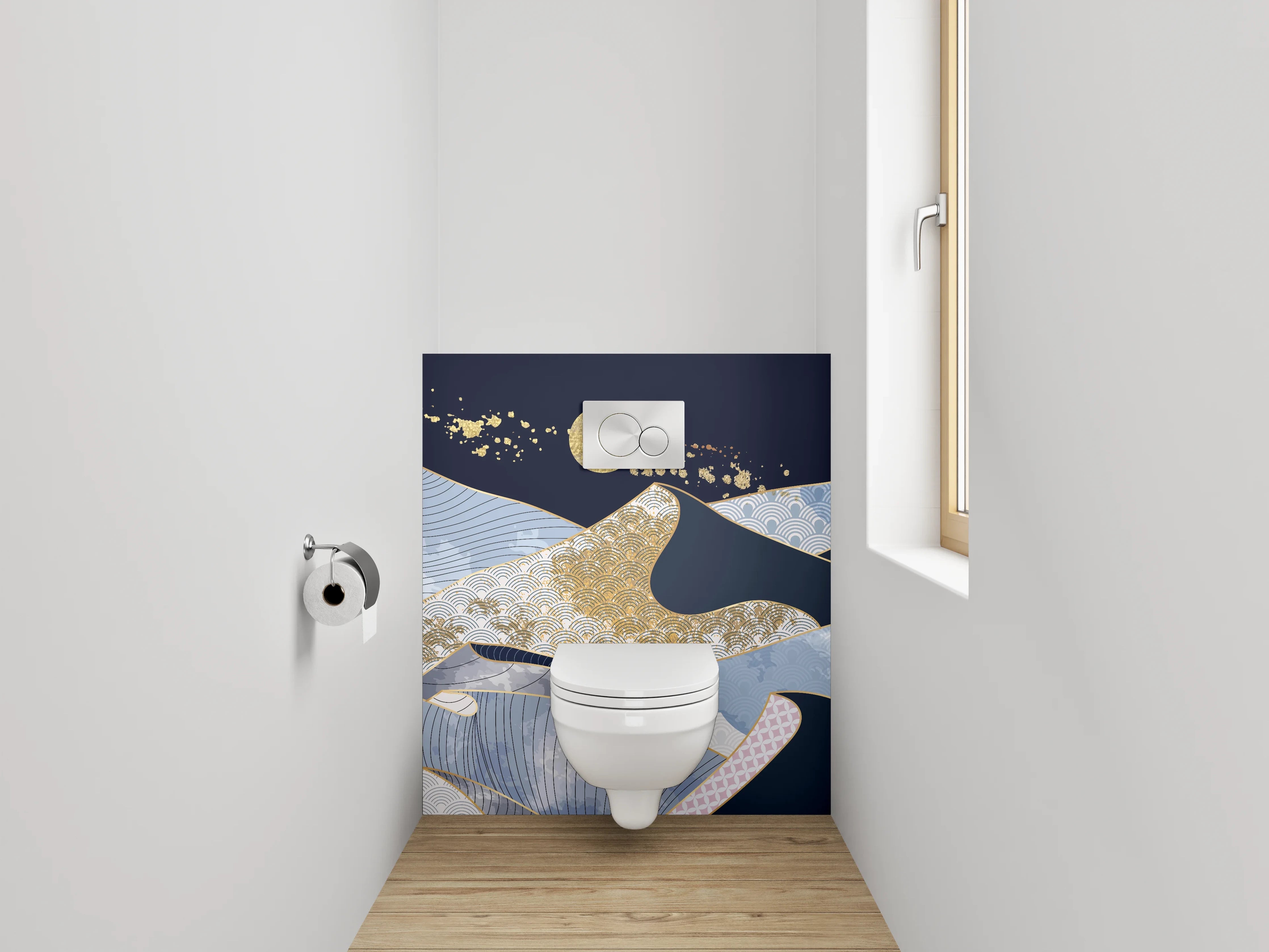 WC-Rückwand - Moderner abstrakter Berglandschaft-Goldakzent