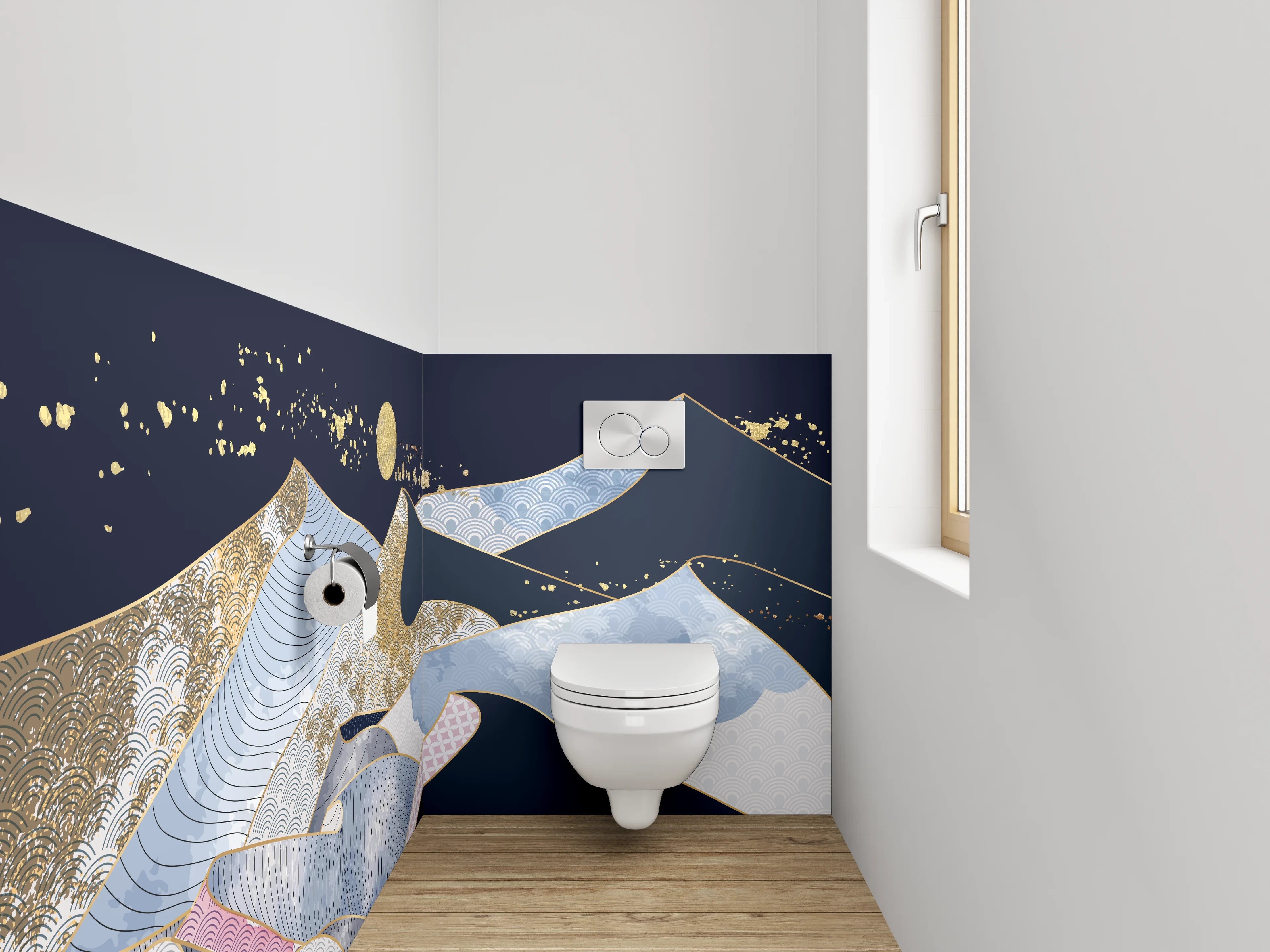 WC-Rückwand - Moderner abstrakter Berglandschaft-Goldakzent