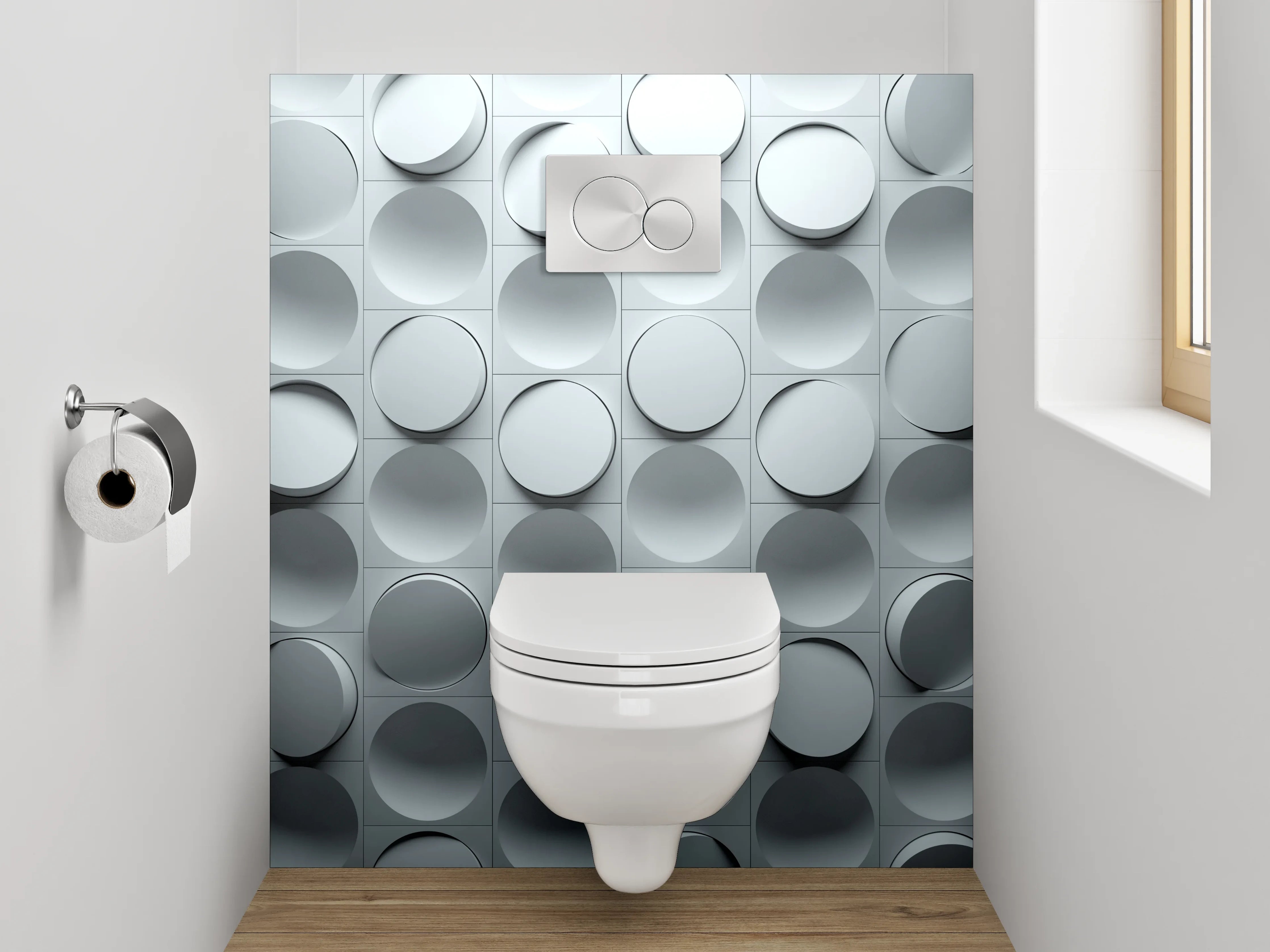 WC-Rückwand - Modernes 3D Kreismuster in Grau-Weiß