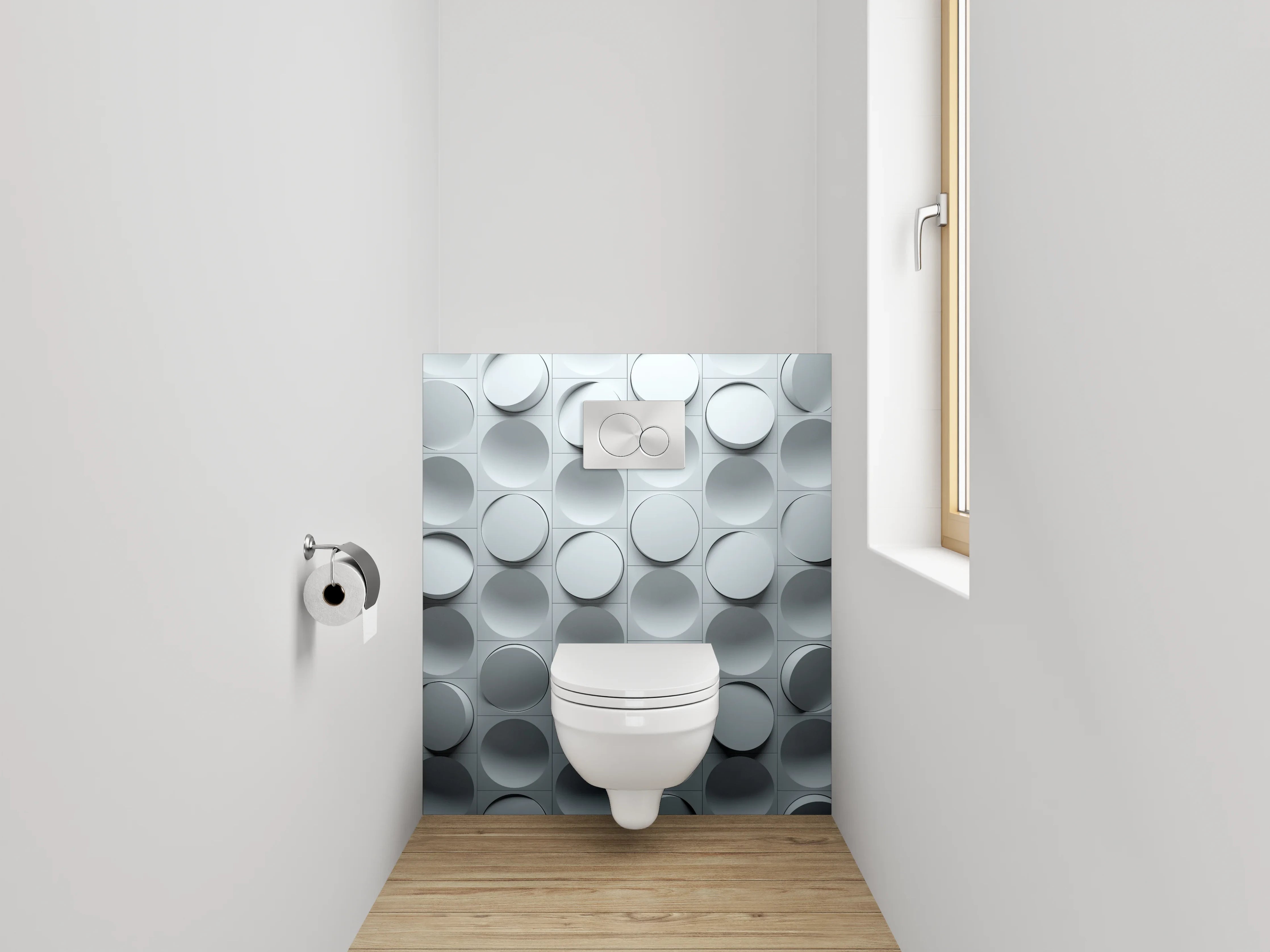 WC-Rückwand - Modernes 3D Kreismuster in Grau-Weiß