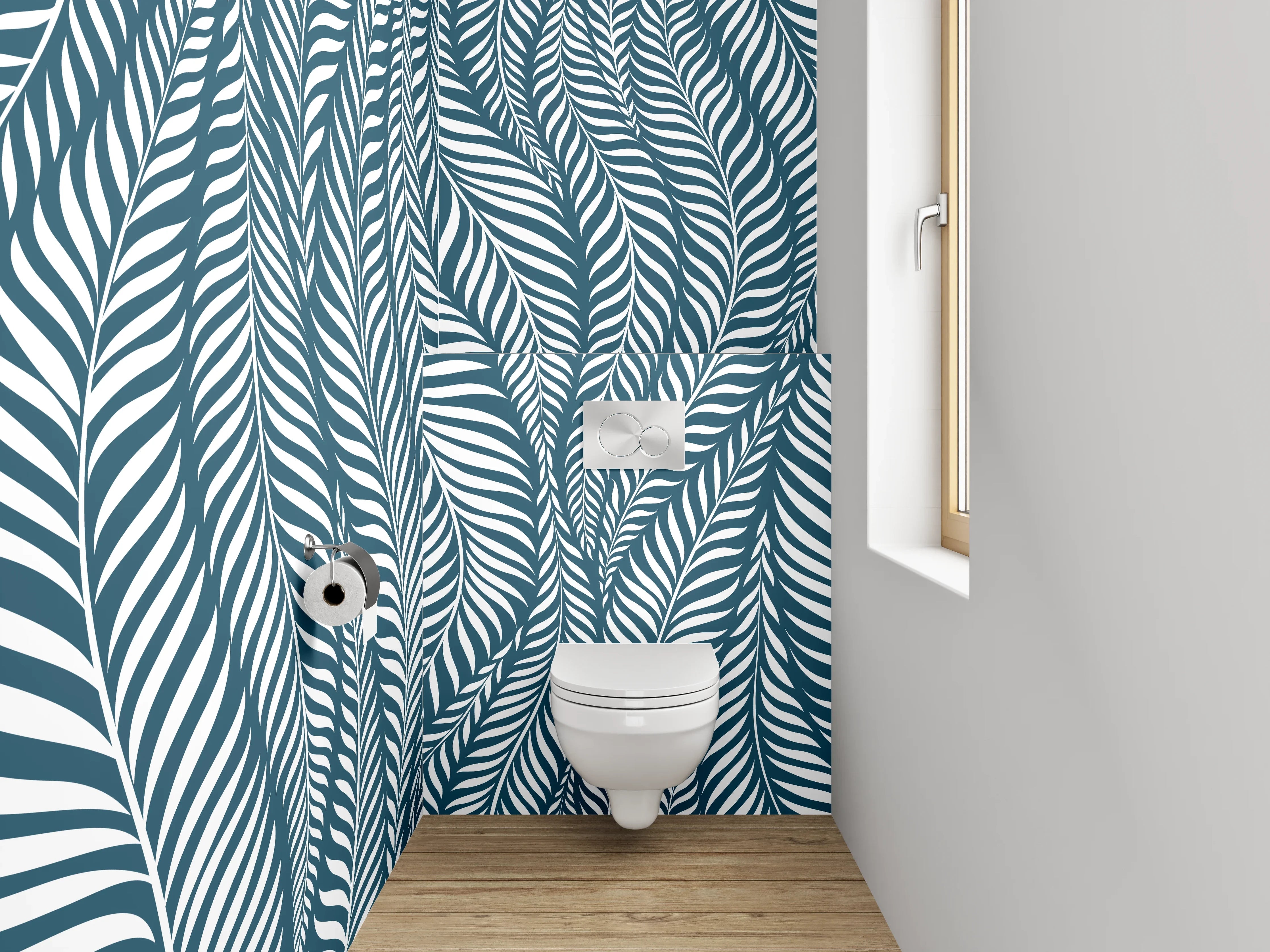 WC-Rückwand - Modernes Blätter Muster Blau Weiß