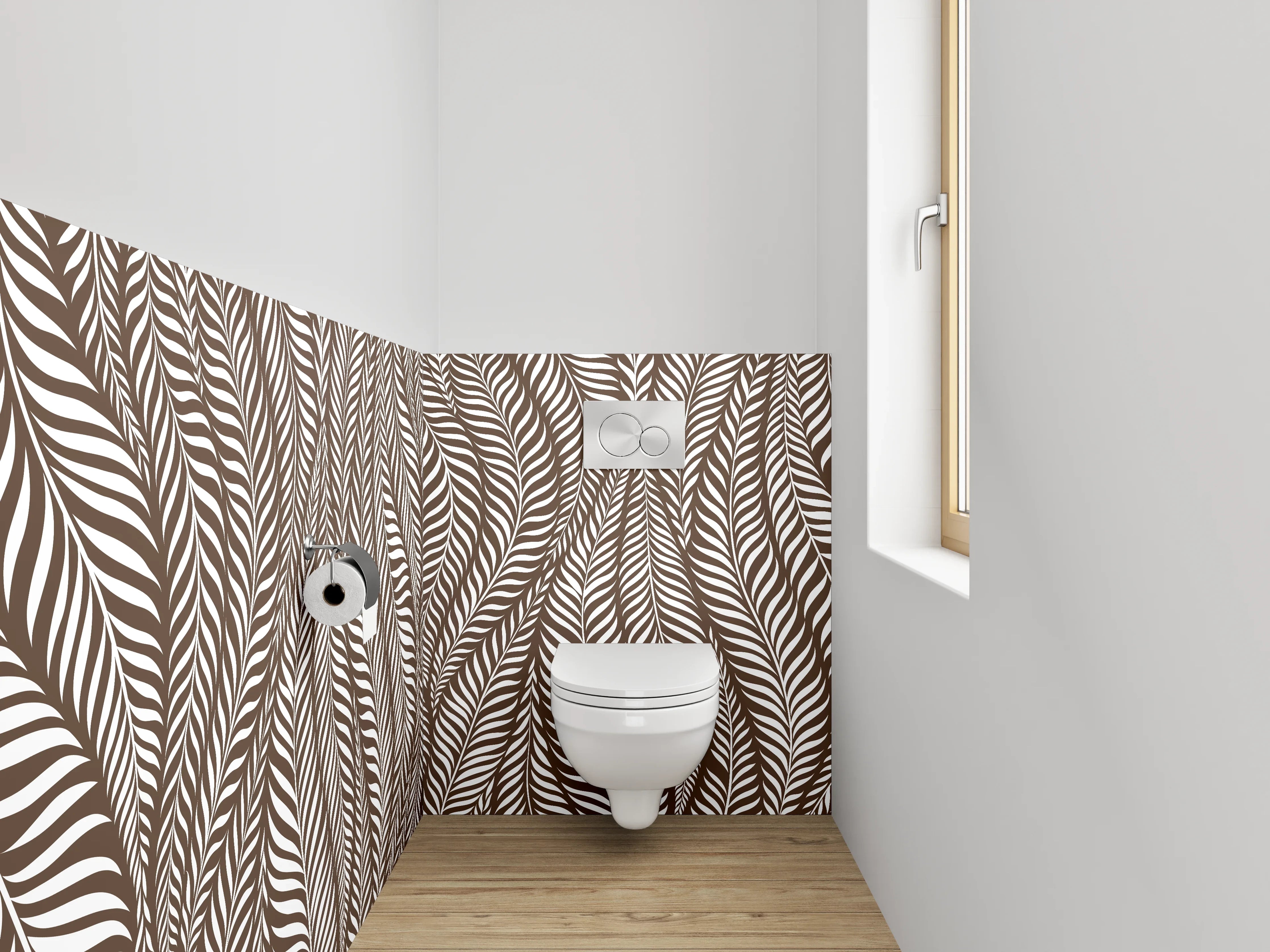 WC-Rückwand - Modernes Blätter-Muster Braun Weiß