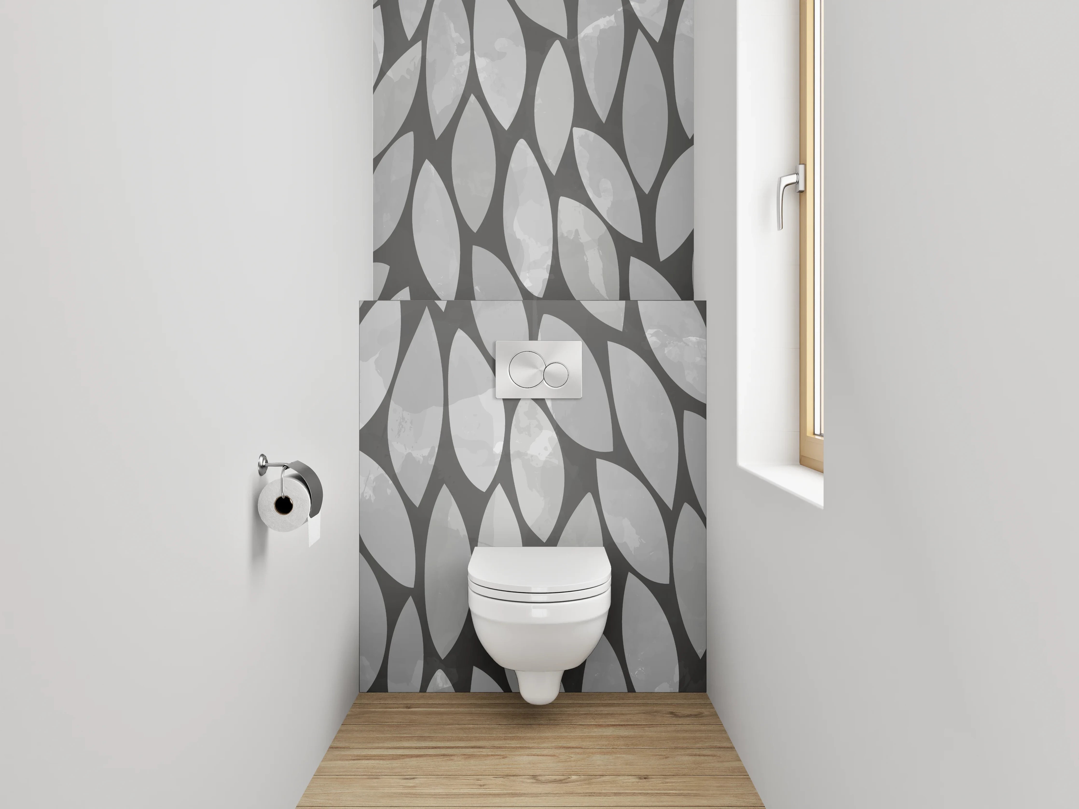 WC-Rückwand - Modernes Blattmuster Grau Weiß