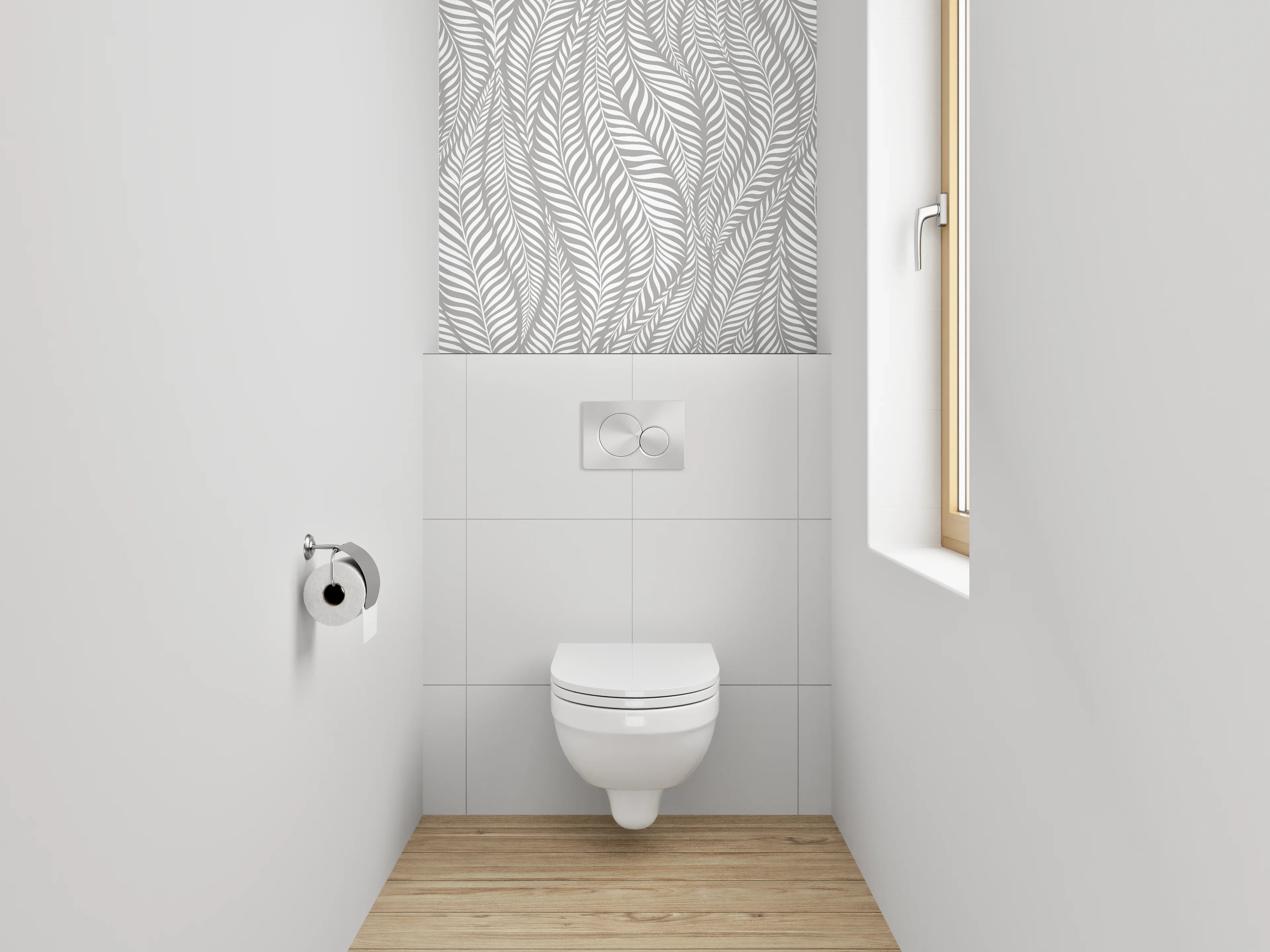 WC-Rückwand - Modernes Blattmuster in Grau und Weiß