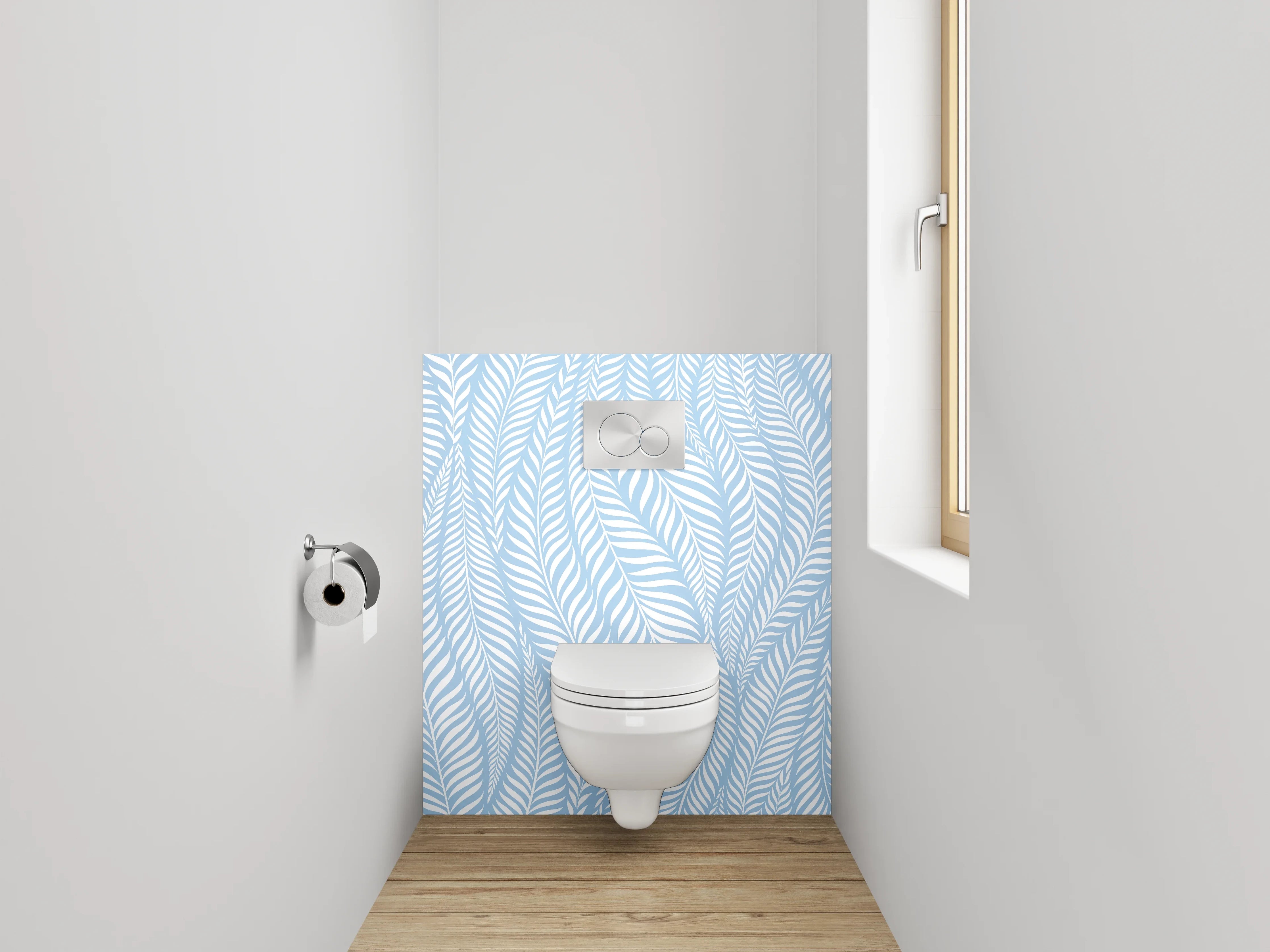 WC-Rückwand - Modernes Blattmuster in Hellblau Weiß