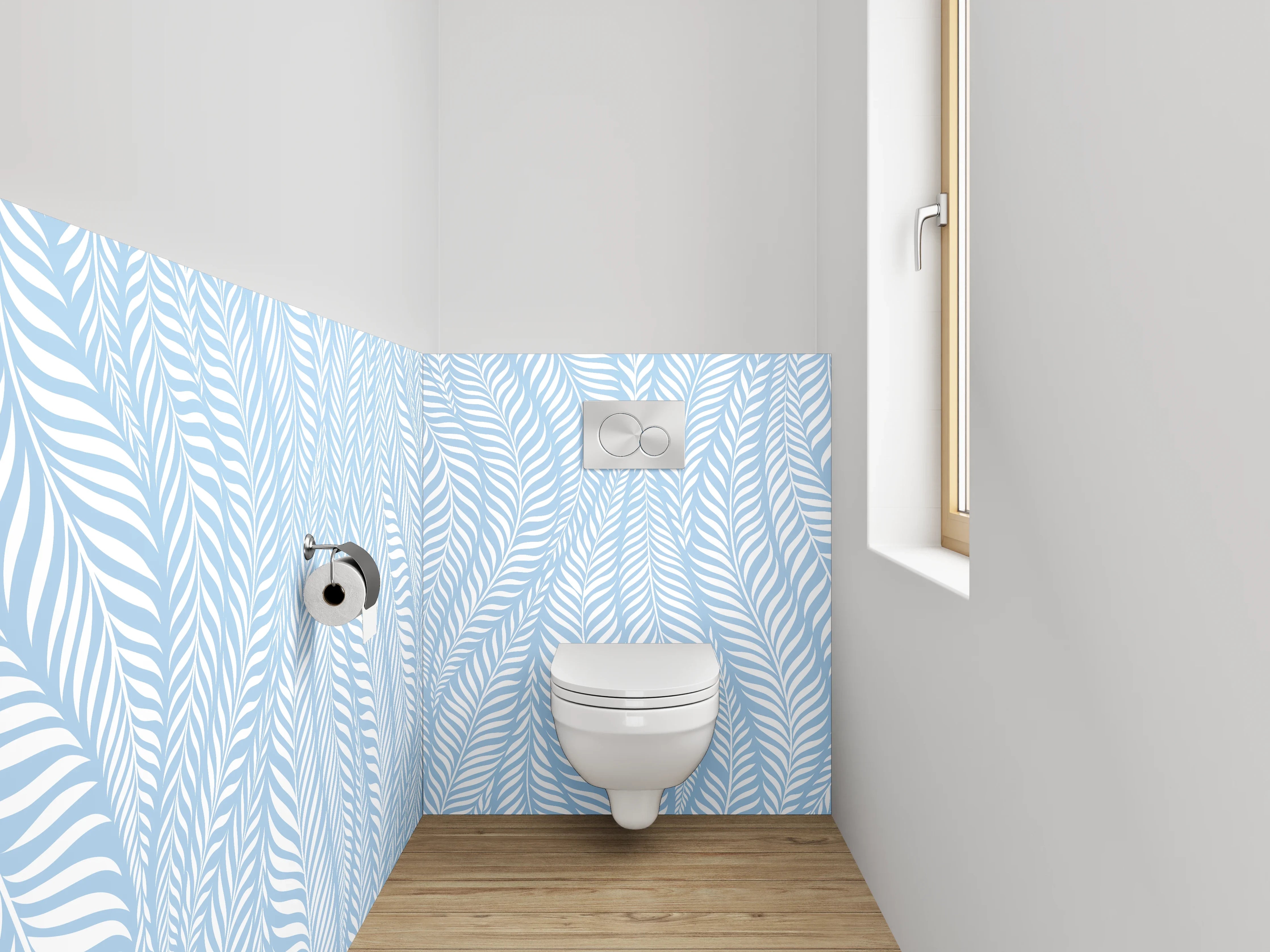 WC-Rückwand - Modernes Blattmuster in Hellblau Weiß