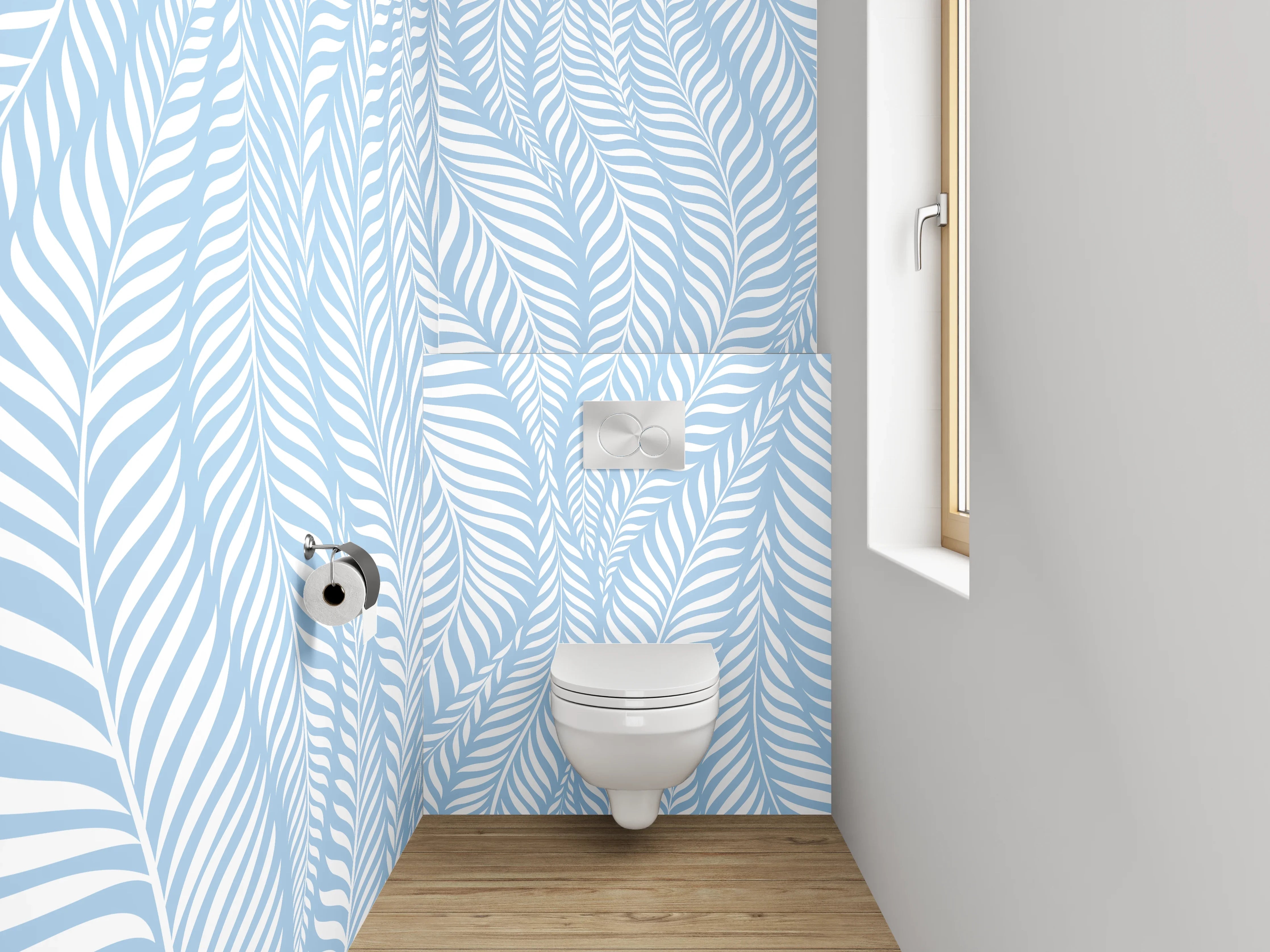 WC-Rückwand - Modernes Blattmuster in Hellblau Weiß