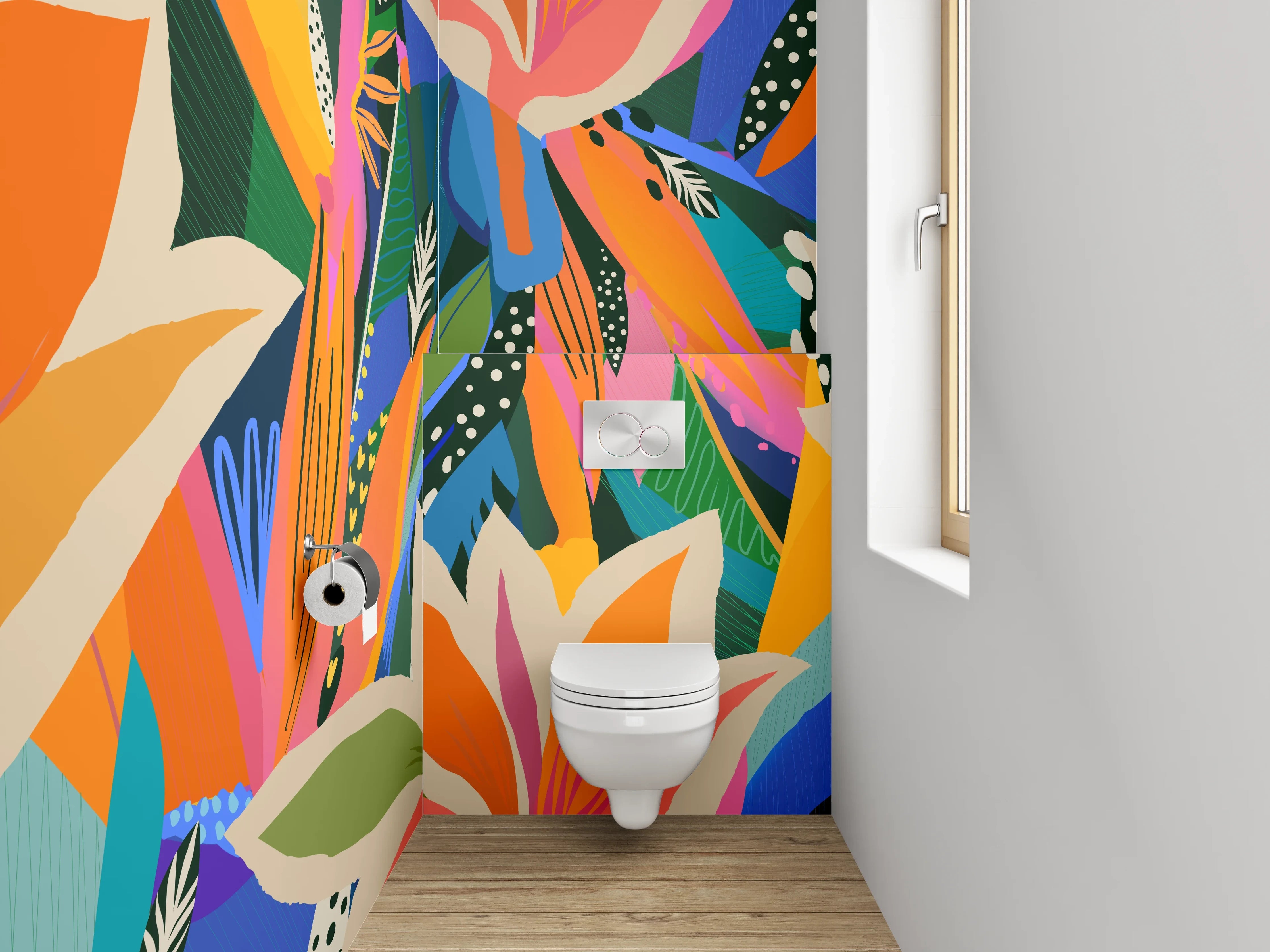 WC-Rückwand - Modernes Blumen-Abstract in kräftigen Farben