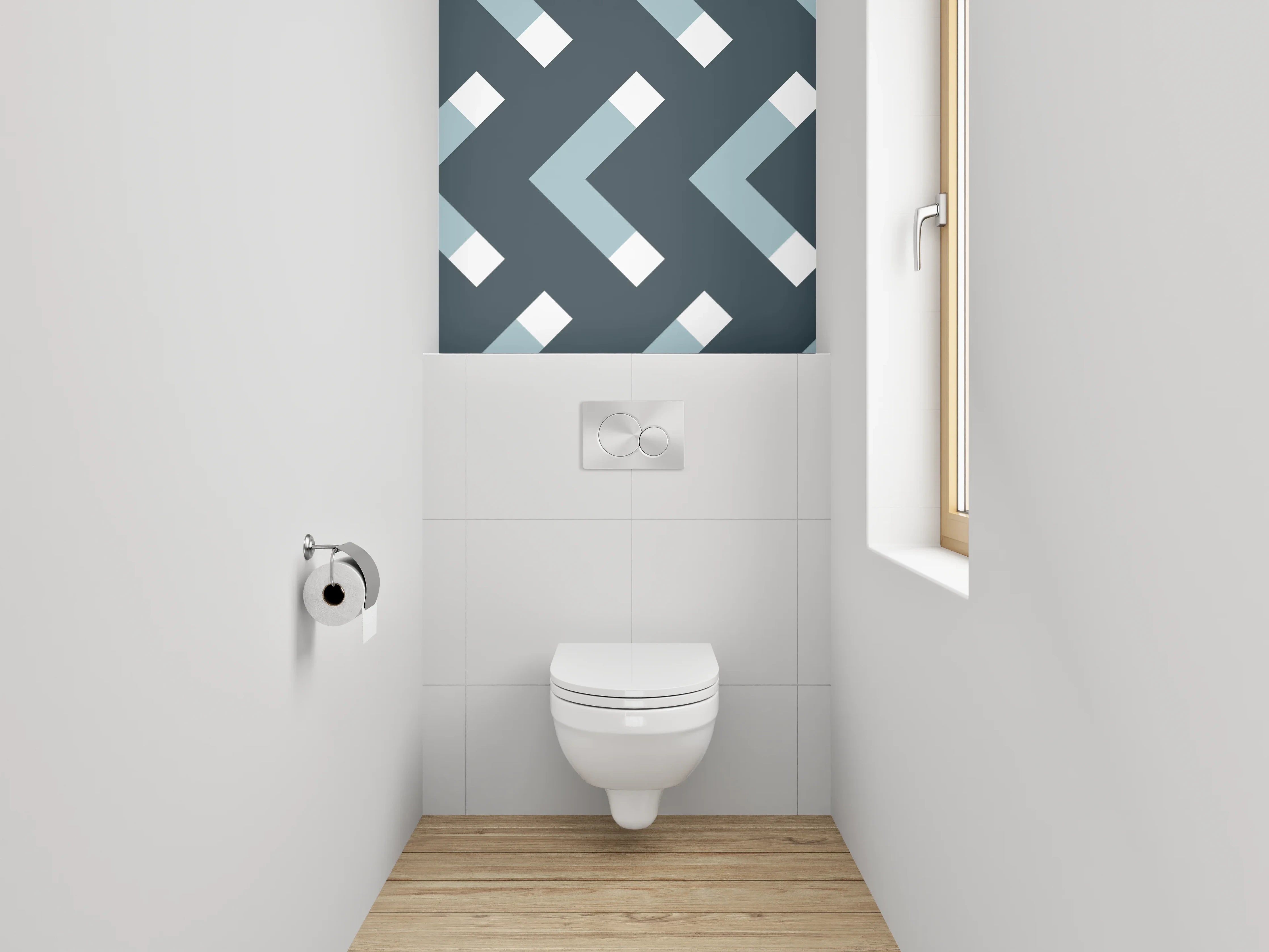 WC-Rückwand - Modernes Chevron-Muster Grau Weiß Blau
