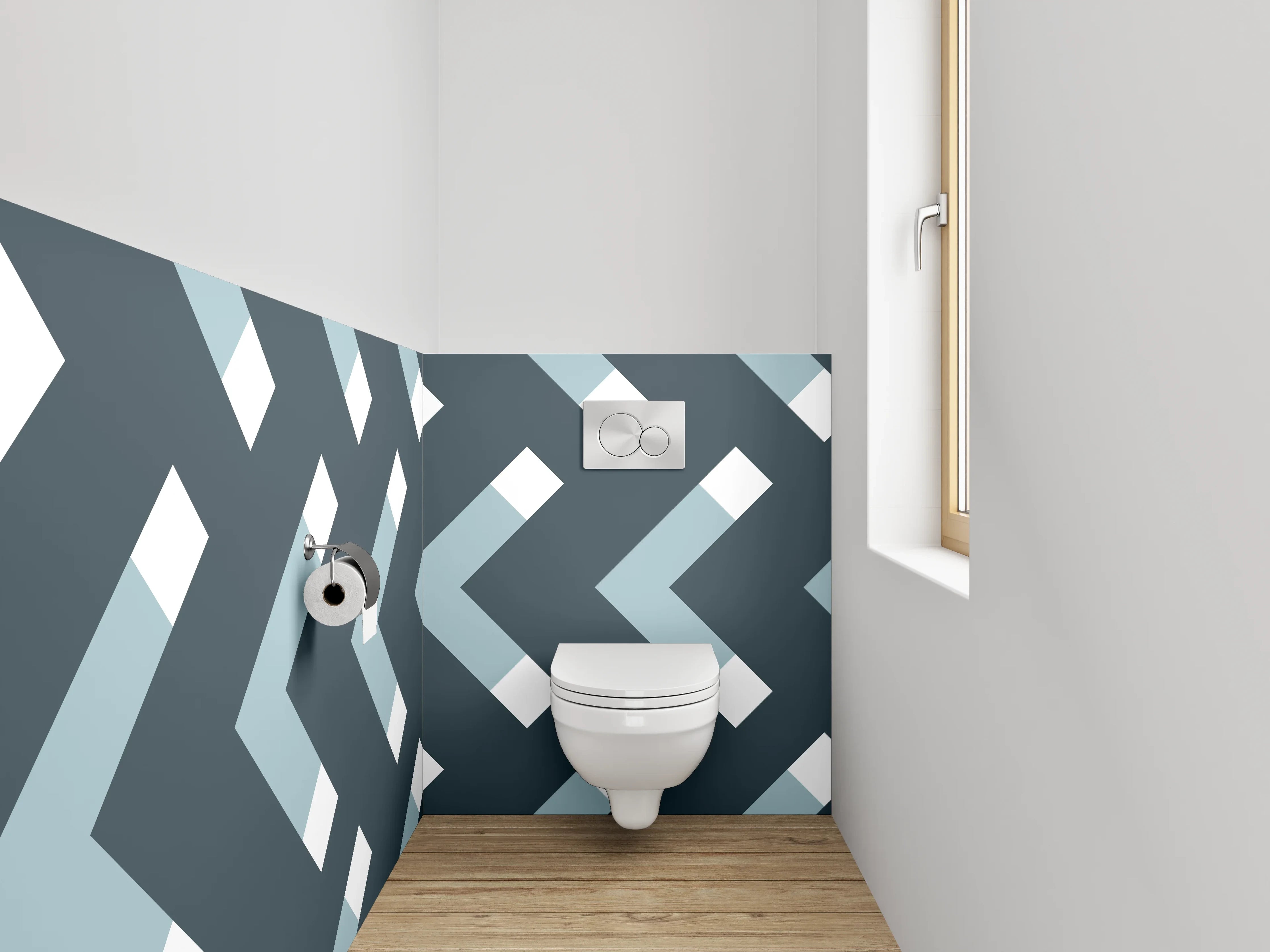 WC-Rückwand - Modernes Chevron-Muster Grau Weiß Blau
