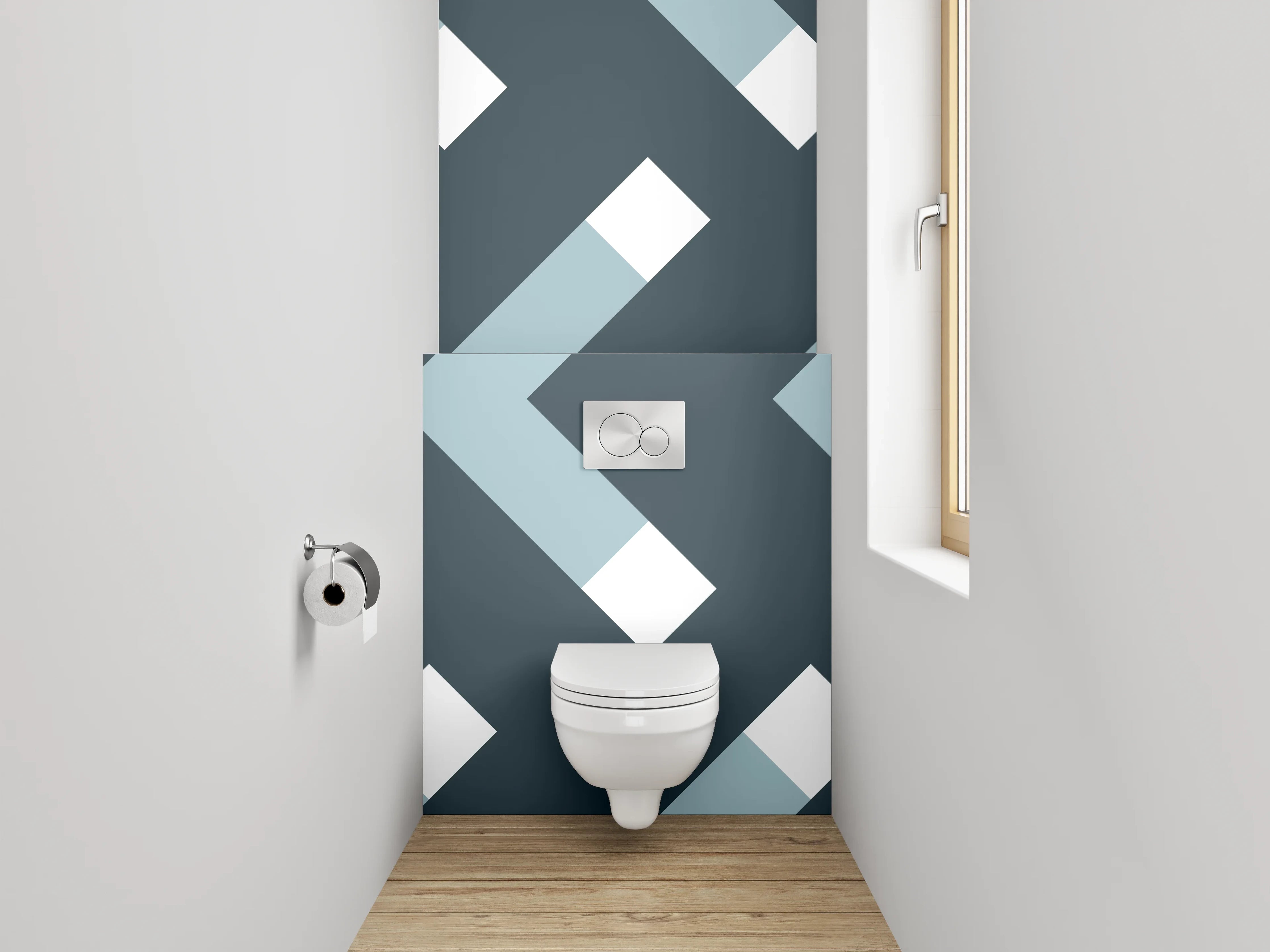 WC-Rückwand - Modernes Chevron-Muster Grau Weiß Blau