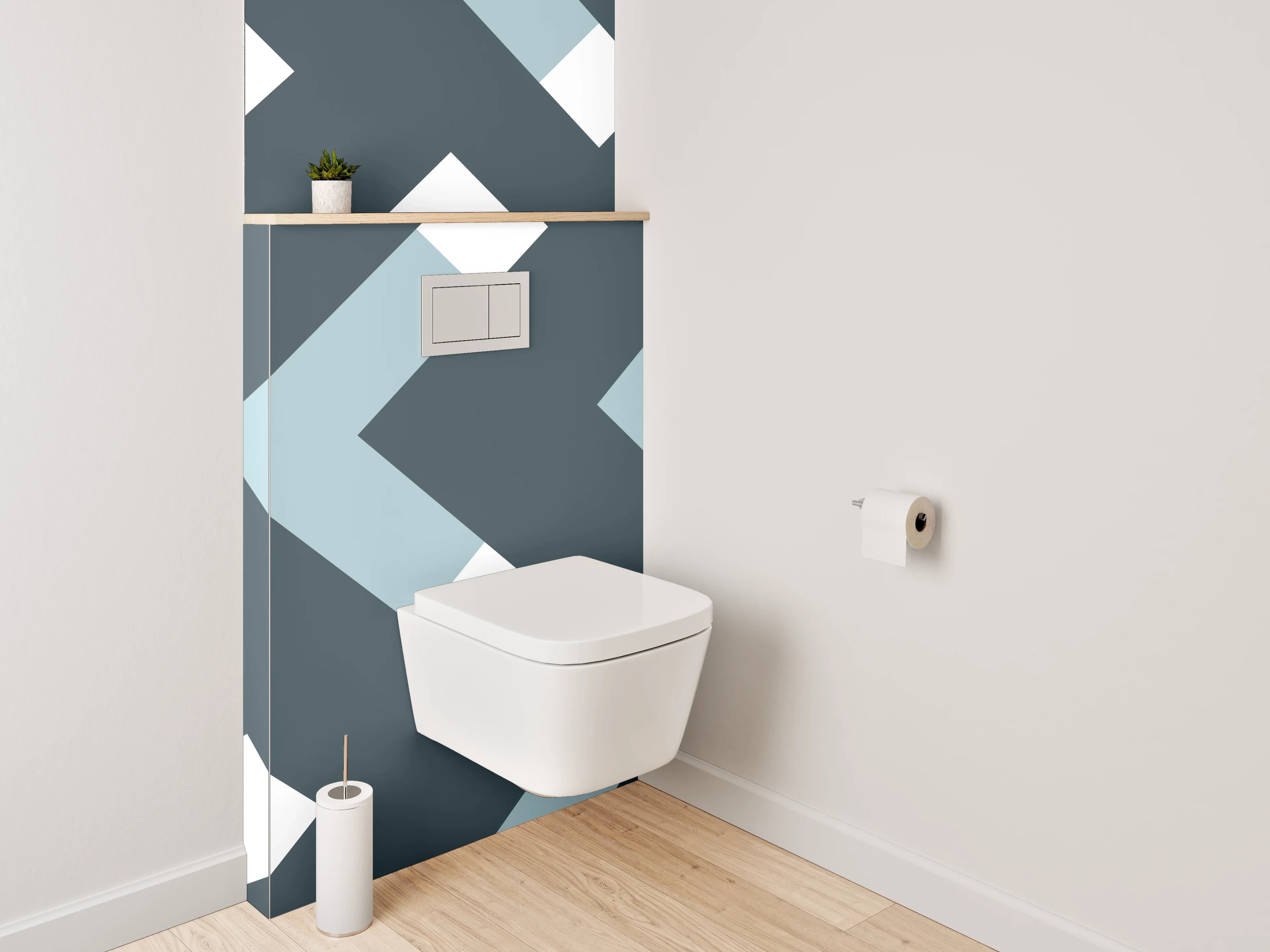 WC-Rückwand - Modernes Chevron-Muster Grau Weiß Blau