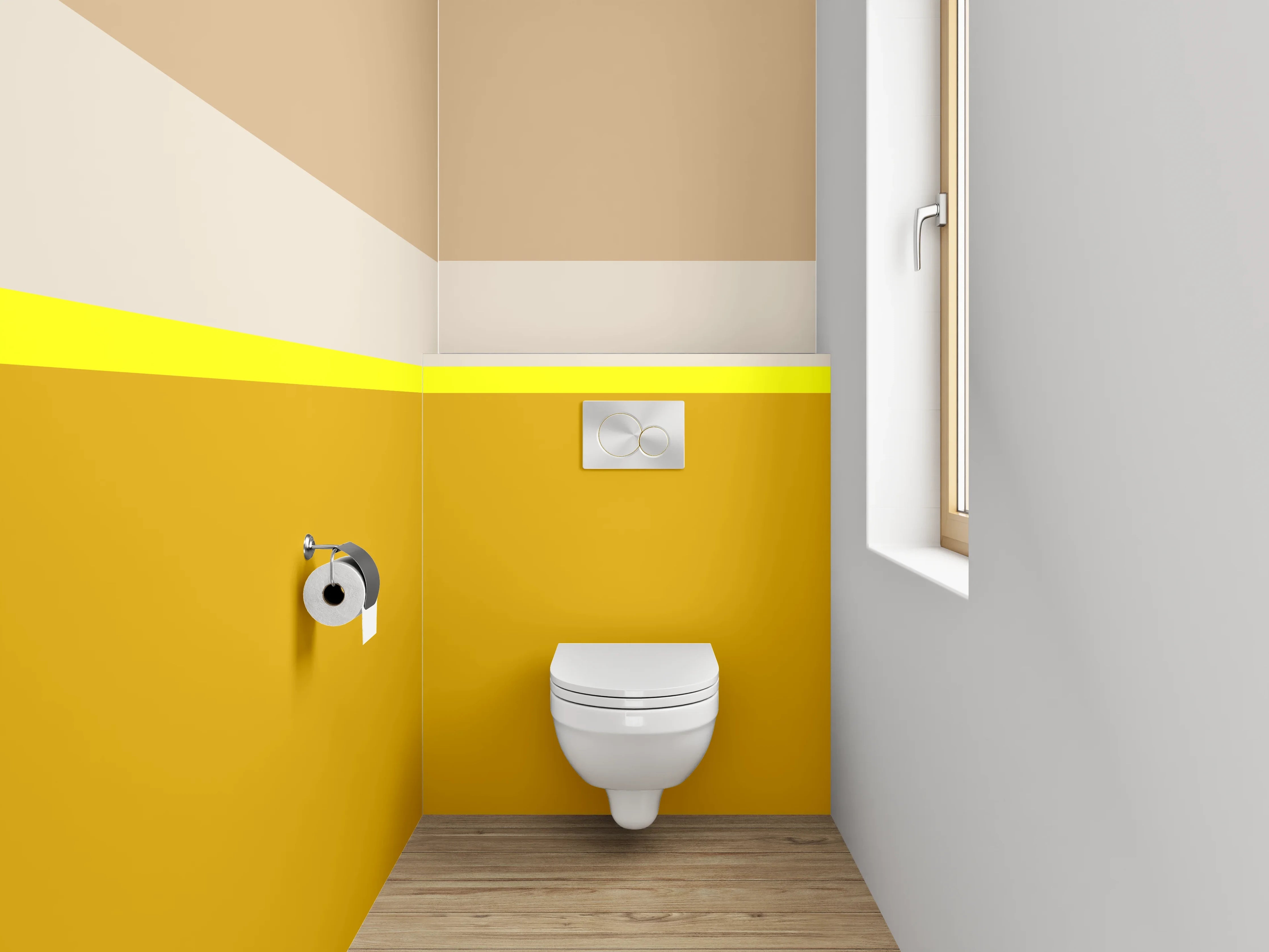 WC-Rückwand - Modernes Farbbalken-Design in Gelb und Beige