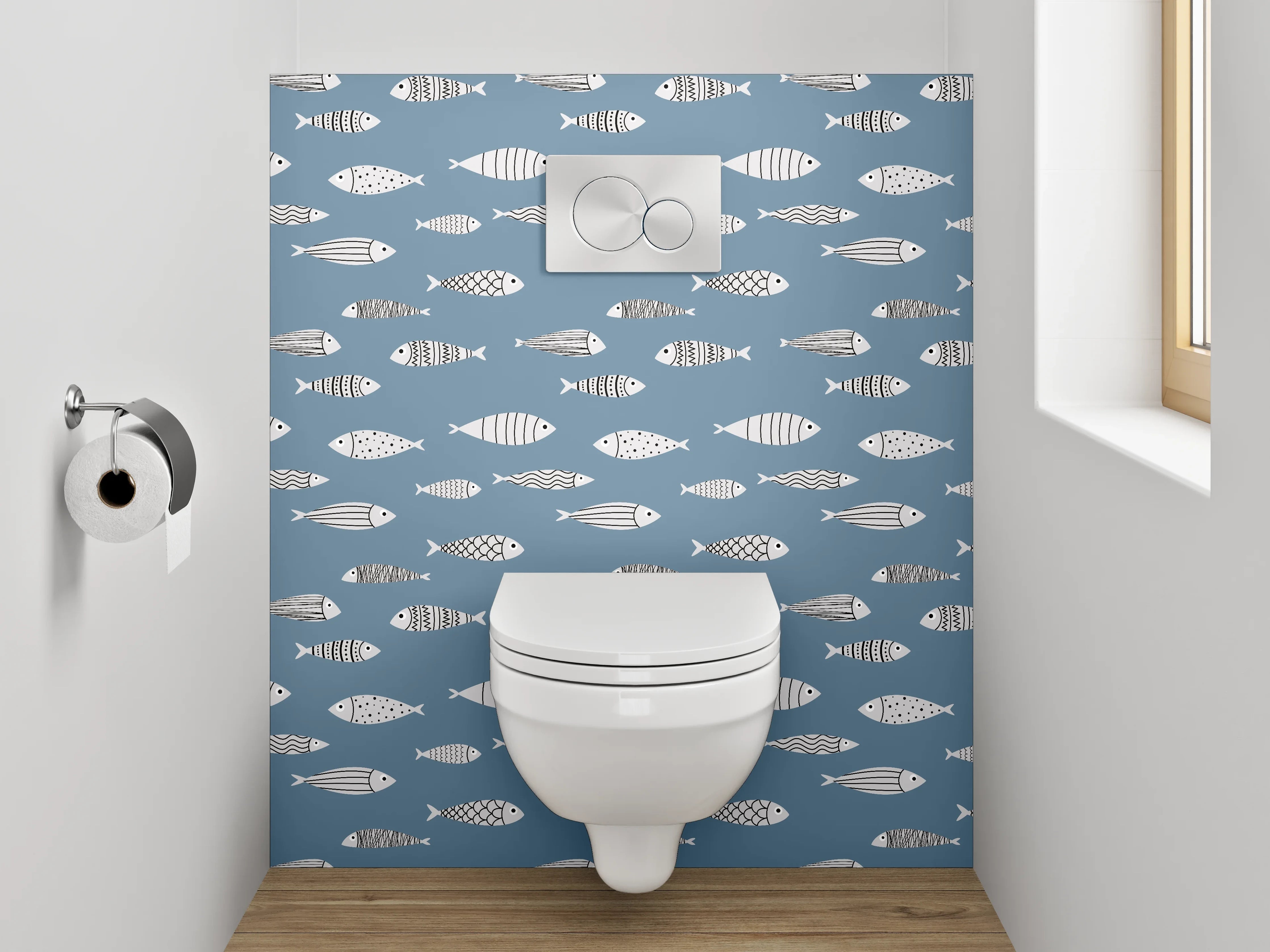 WC-Rückwand - Modernes Fischmuster auf Blau