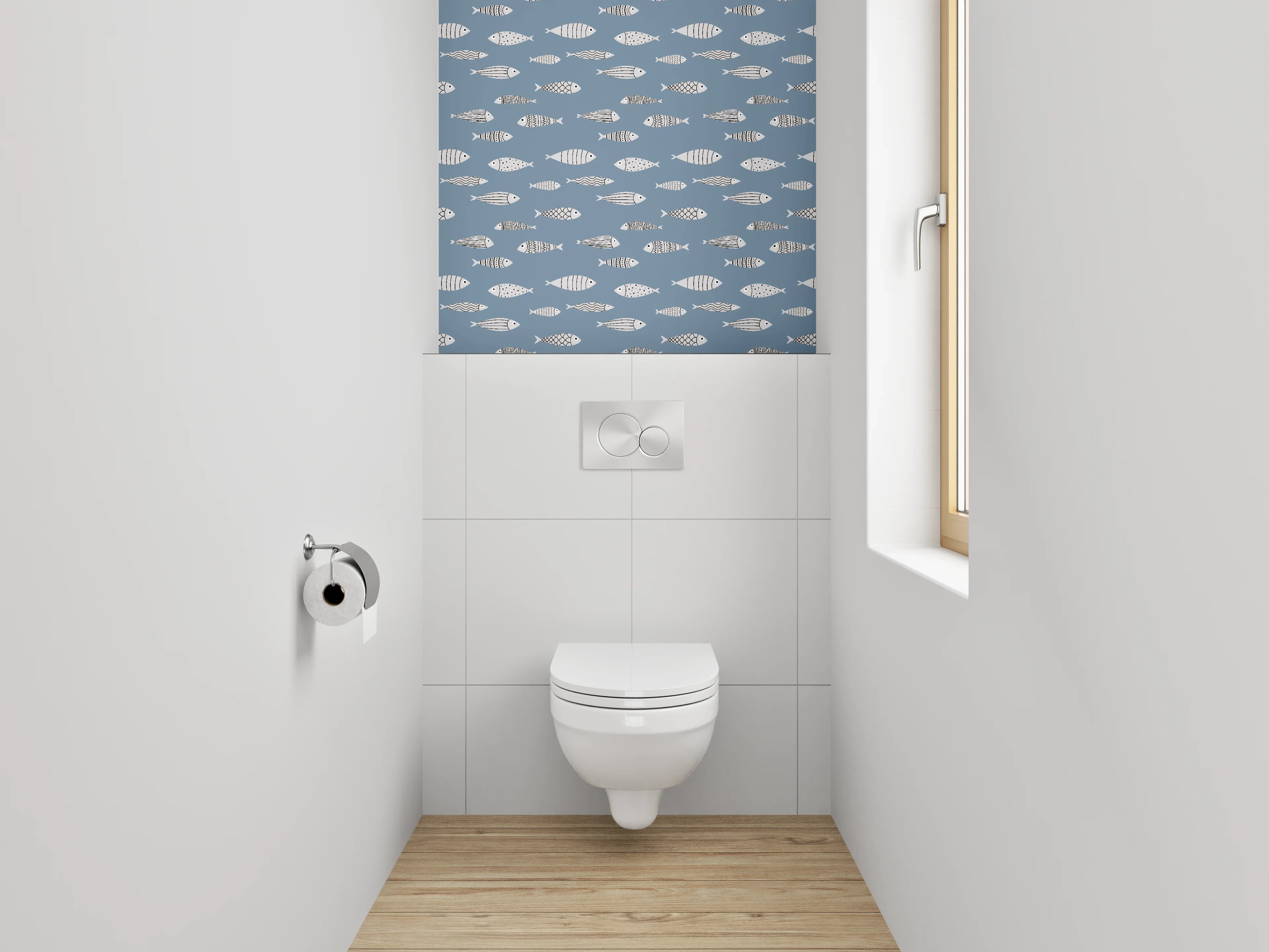 WC-Rückwand - Modernes Fischmuster auf Blau