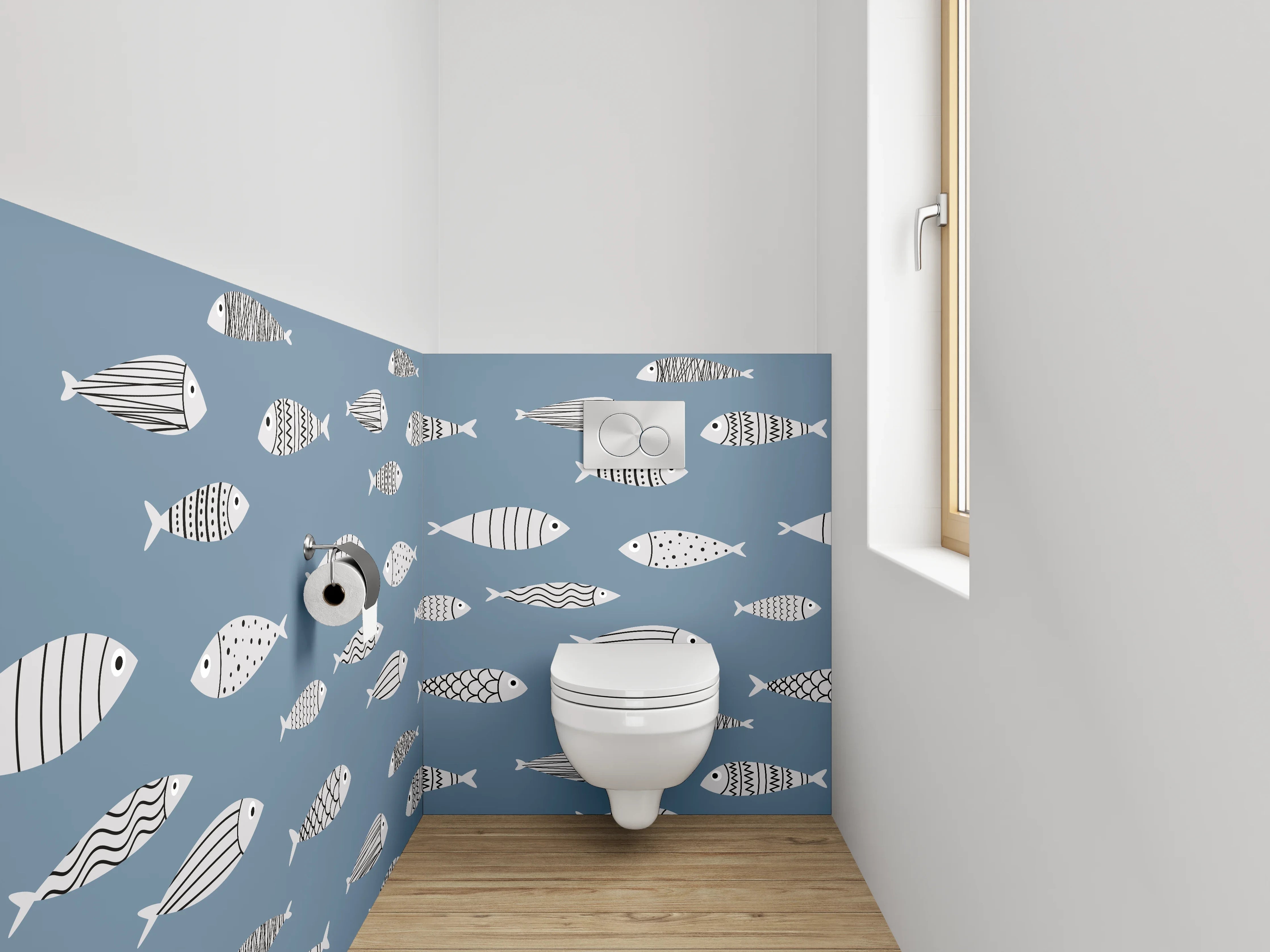 WC-Rückwand - Modernes Fischmuster auf Blau